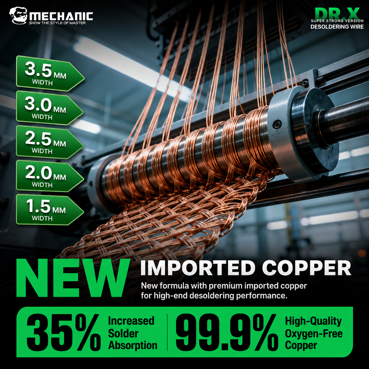 MECHANIC DR X – měděný odpájecí knot pro odstranění cínu 3 mm 1,5 m