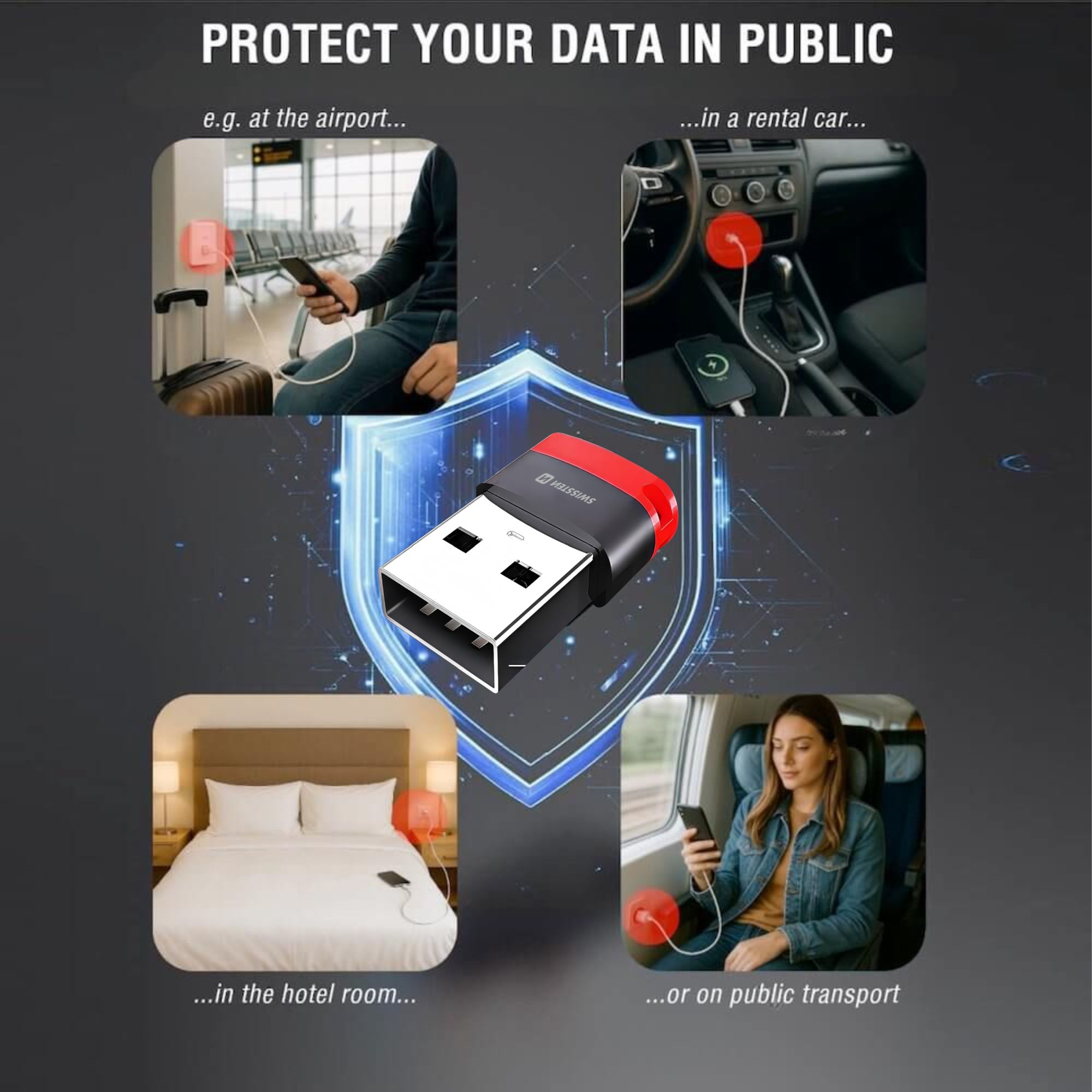 SWISSTEN DataGuard nabíjecí adaptér s blokací dat USB-A (samec) / USB-C (samice) černý