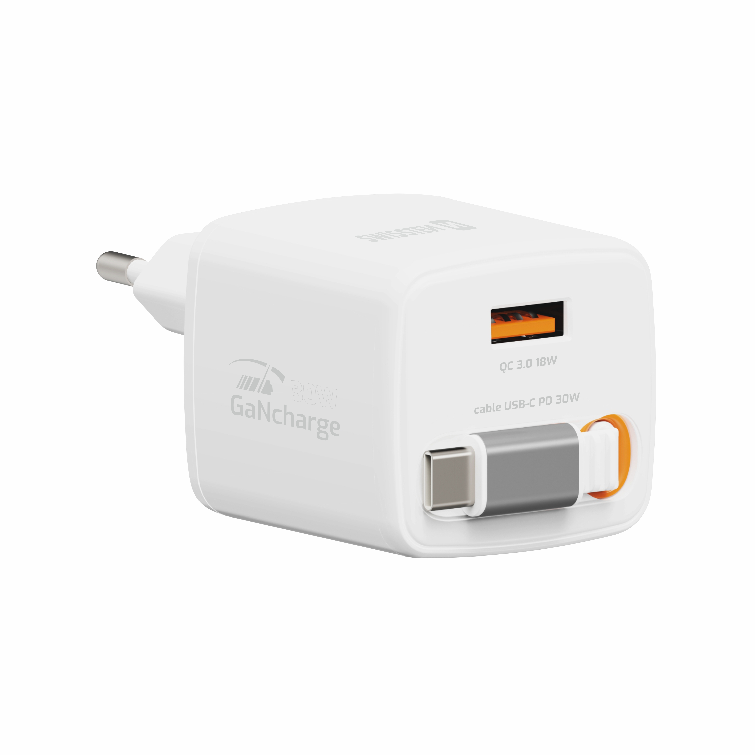 SWISSTEN Síťová nabíječka SlideCharge GaN 30W + USB-A 18W se zatahovacím USB-C kabelem 0,75m bílá