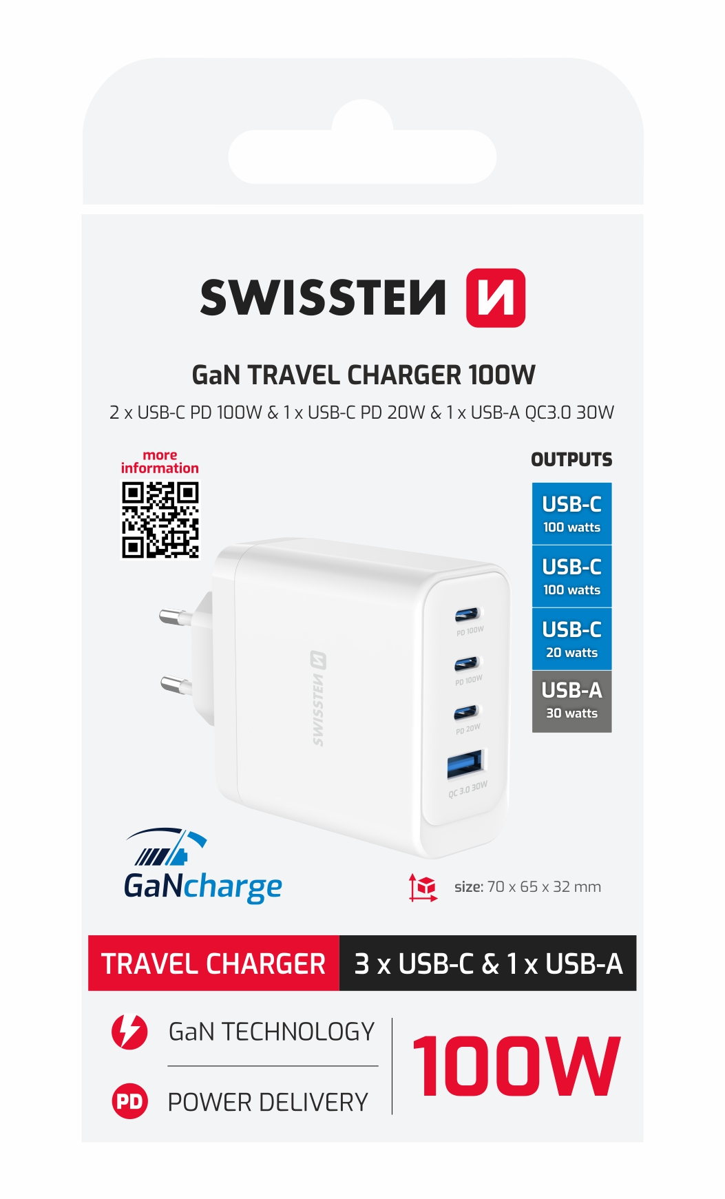 SWISSTEN GaN síťová nabíječka 2× USB-C PD 100W - USB-C PD 30W - USB-A QC 30W bílá i pro notebooky