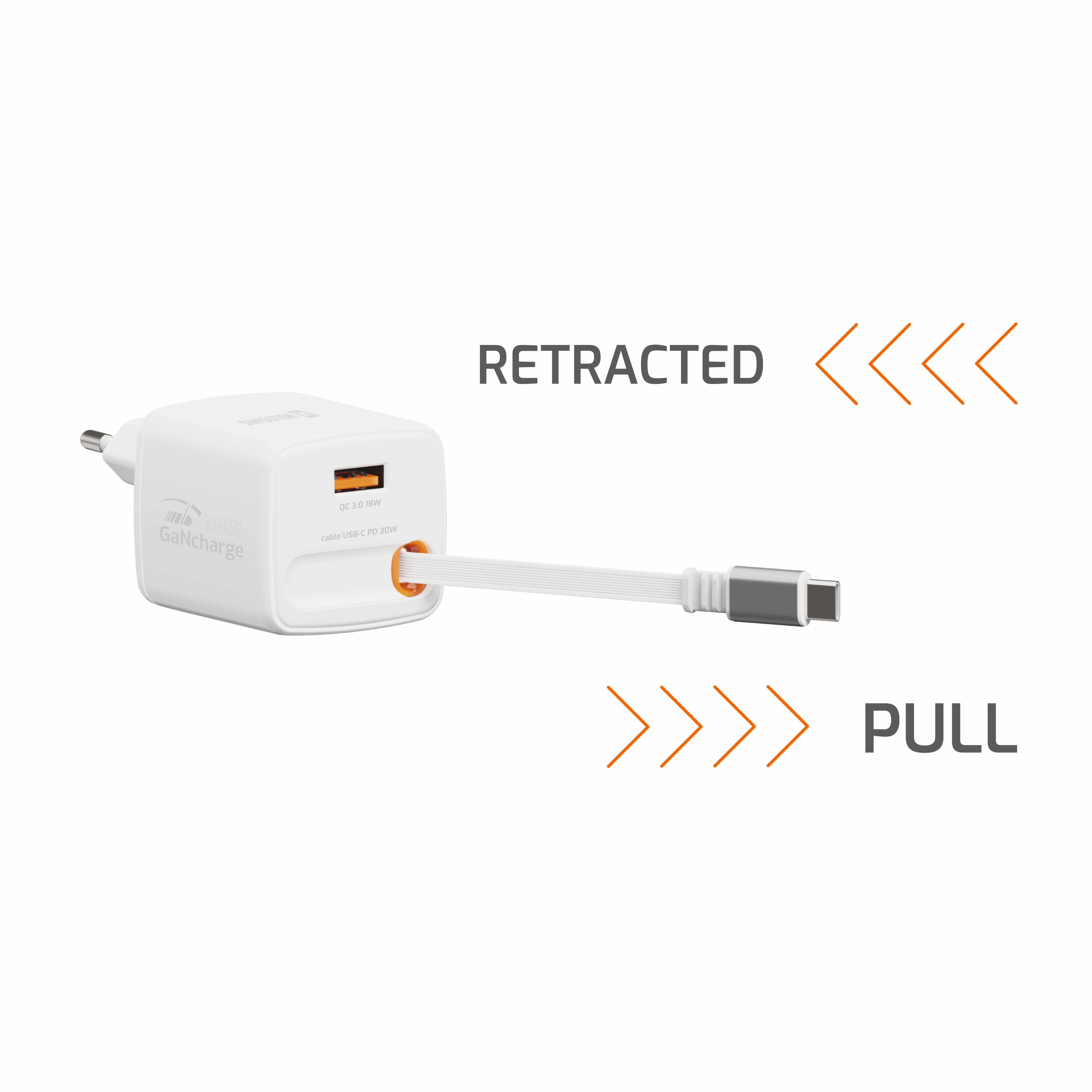SWISSTEN Síťová nabíječka SlideCharge GaN 30W + USB-A 18W se zatahovacím USB-C kabelem 0,75m bílá