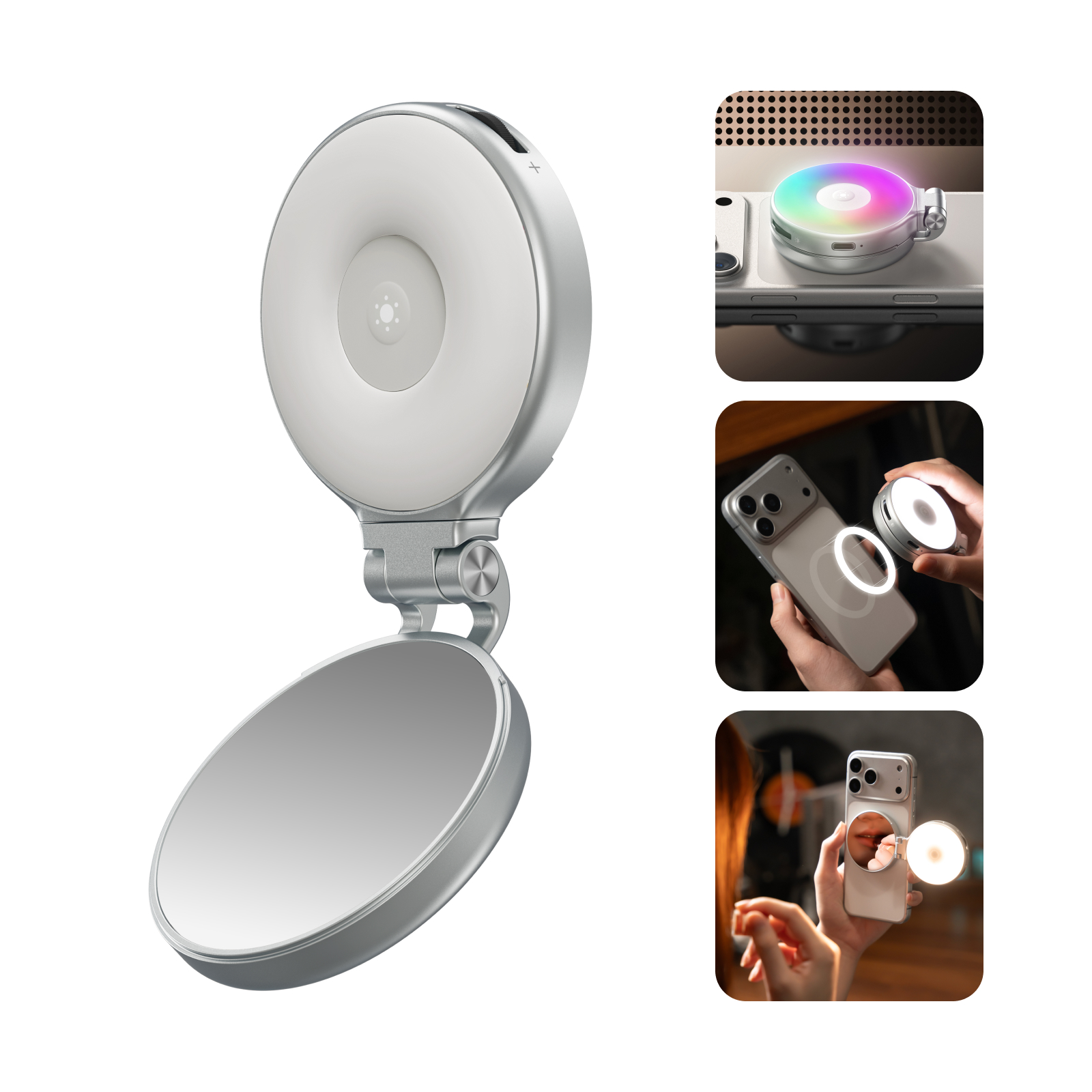 Telesin P5-BGD-18 - magnetická RGB LED lampa s MagSafe s teleskopickým držákem a zrcátkem stříbrná