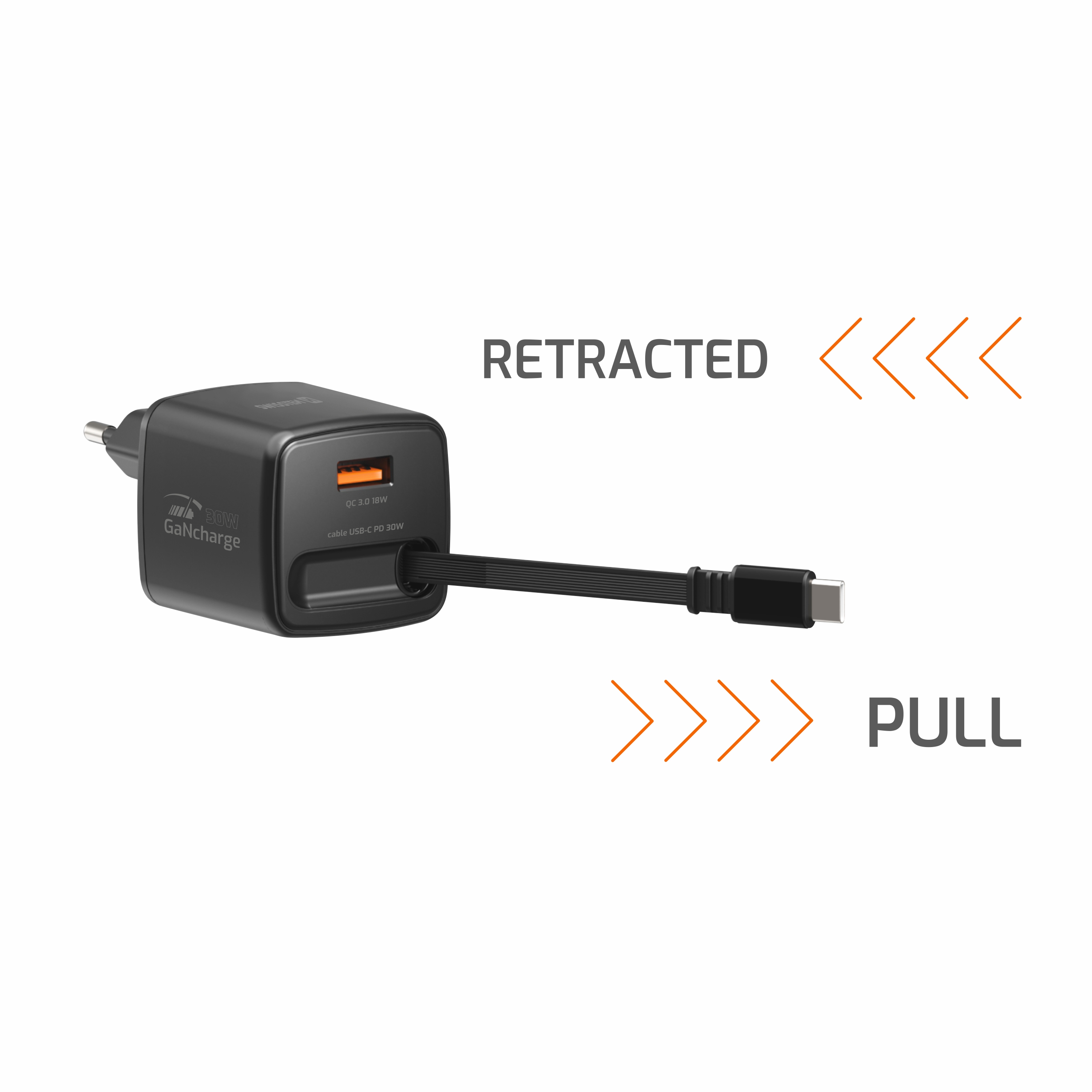 SWISSTEN Síťová nabíječka SlideCharge GaN 30W + USB-A 18W se zatahovacím USB-C kabelem 0,75m černá