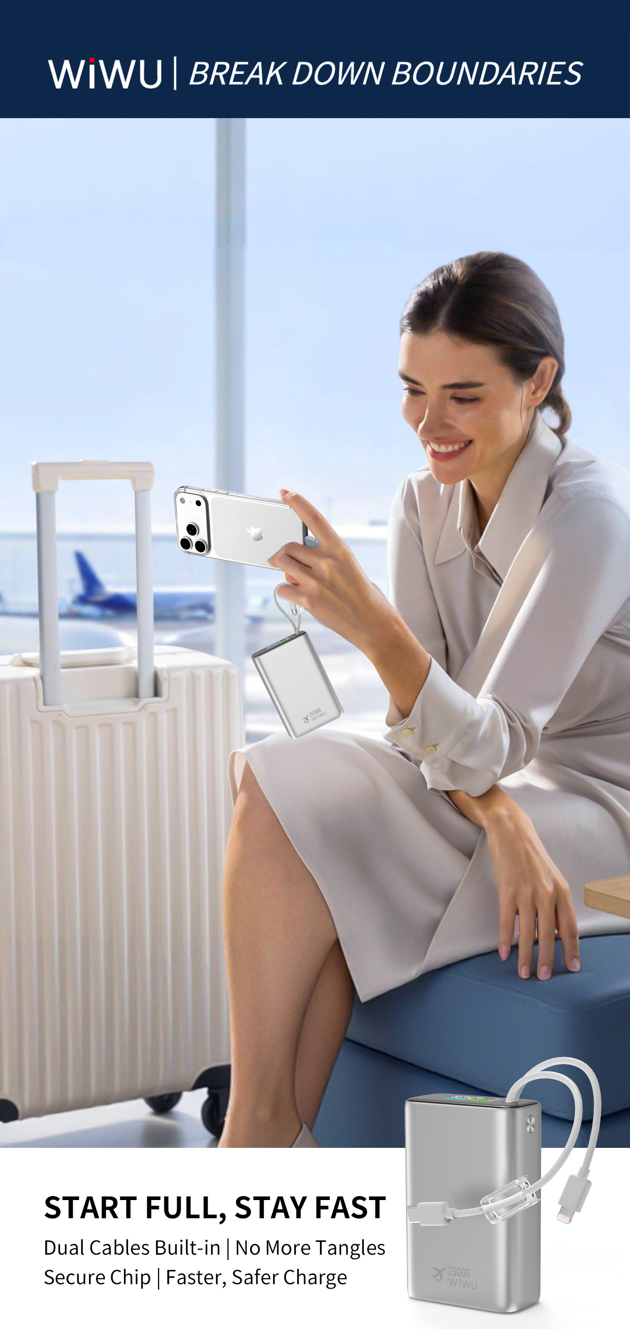 WiWU hliníková powerbanka s integrovanými kabely USB-C a Lightning Wi-P092 20000mAh stříbrná
