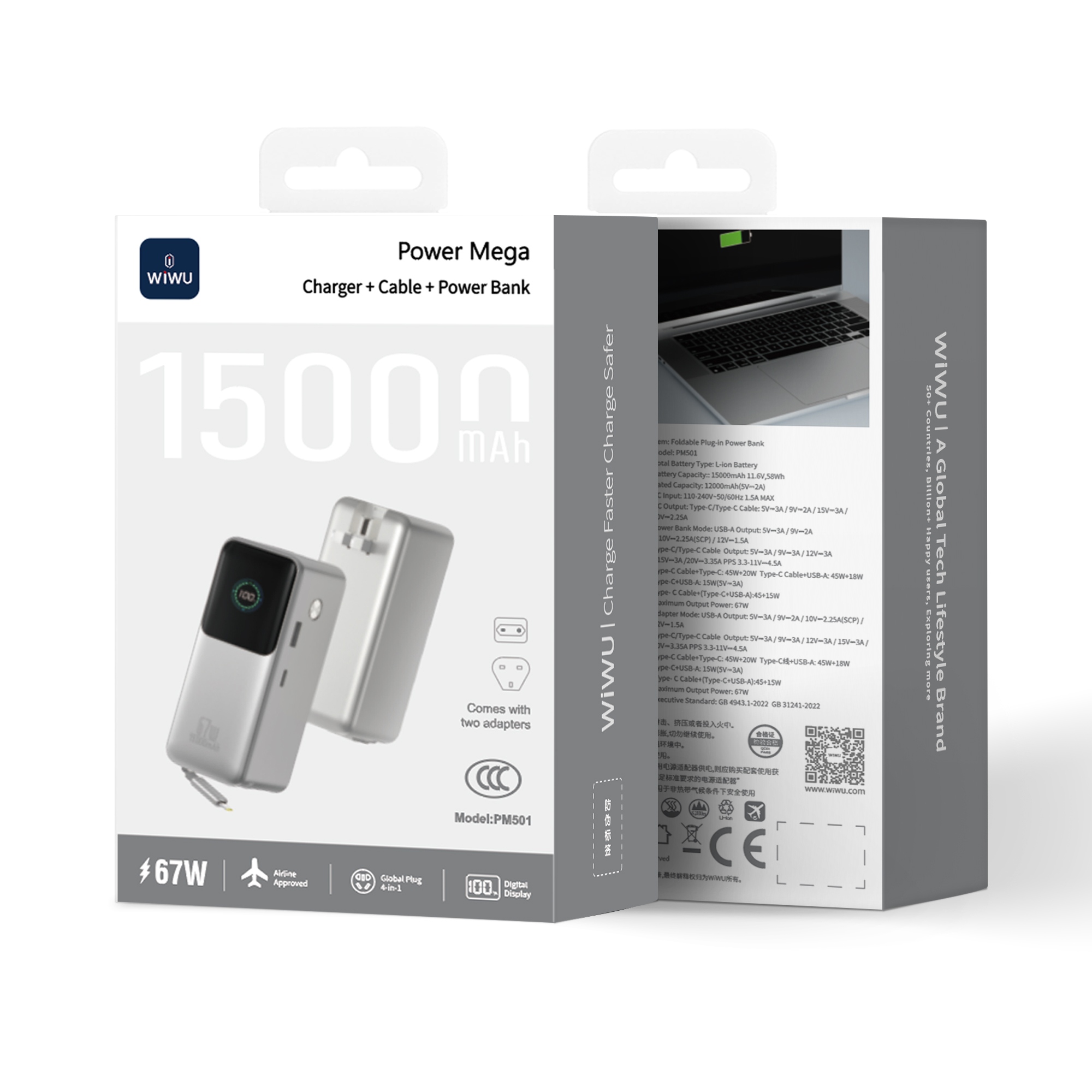 WiWU powerbanka 3v1 se síťovou nabíječkou a kabelem Power Mega PM501 15000mAh 67W stříbrná