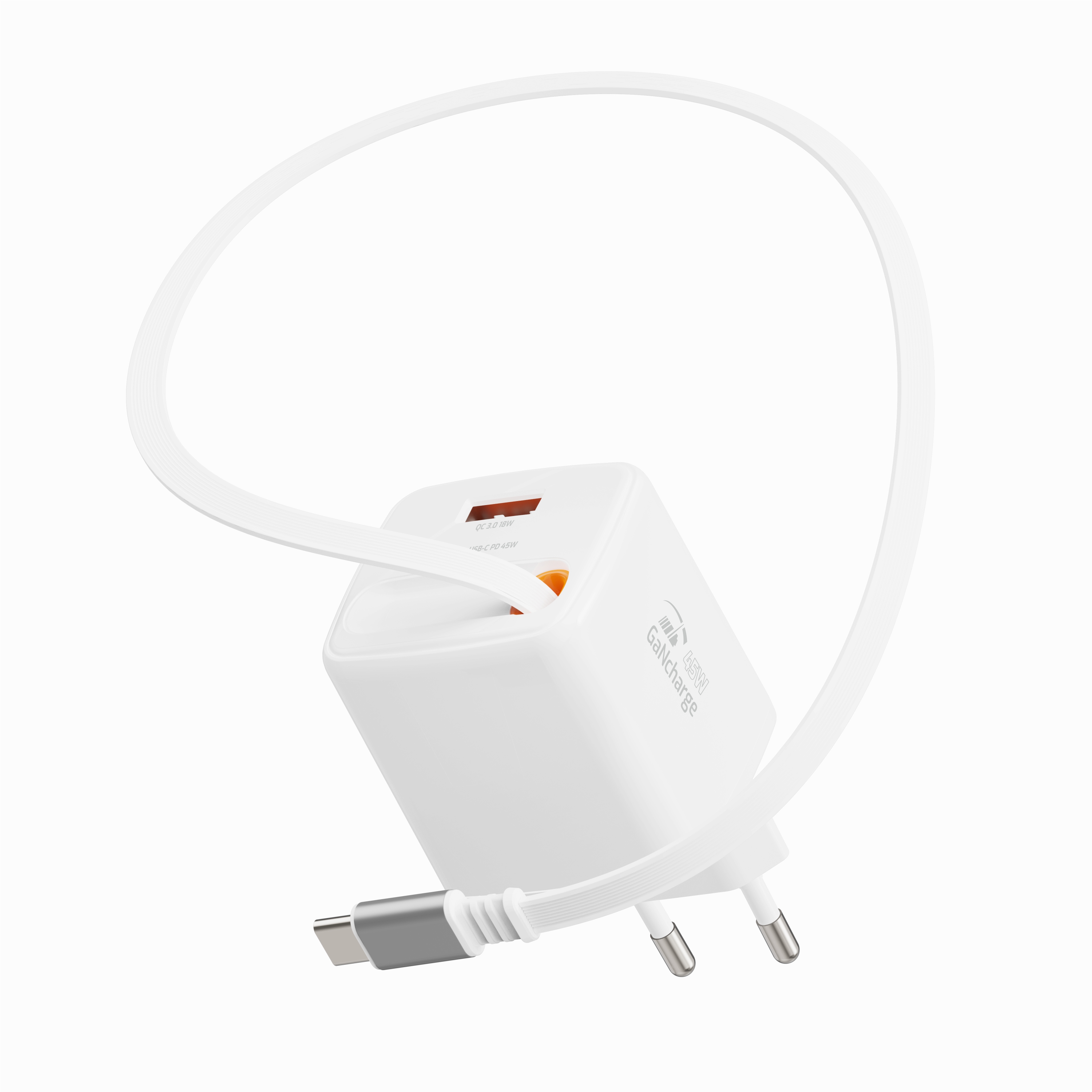 SWISSTEN Síťová nabíječka SlideCharge GaN 45W + USB-A 18W se zatahovacím USB-C kabelem 0,75m bílá