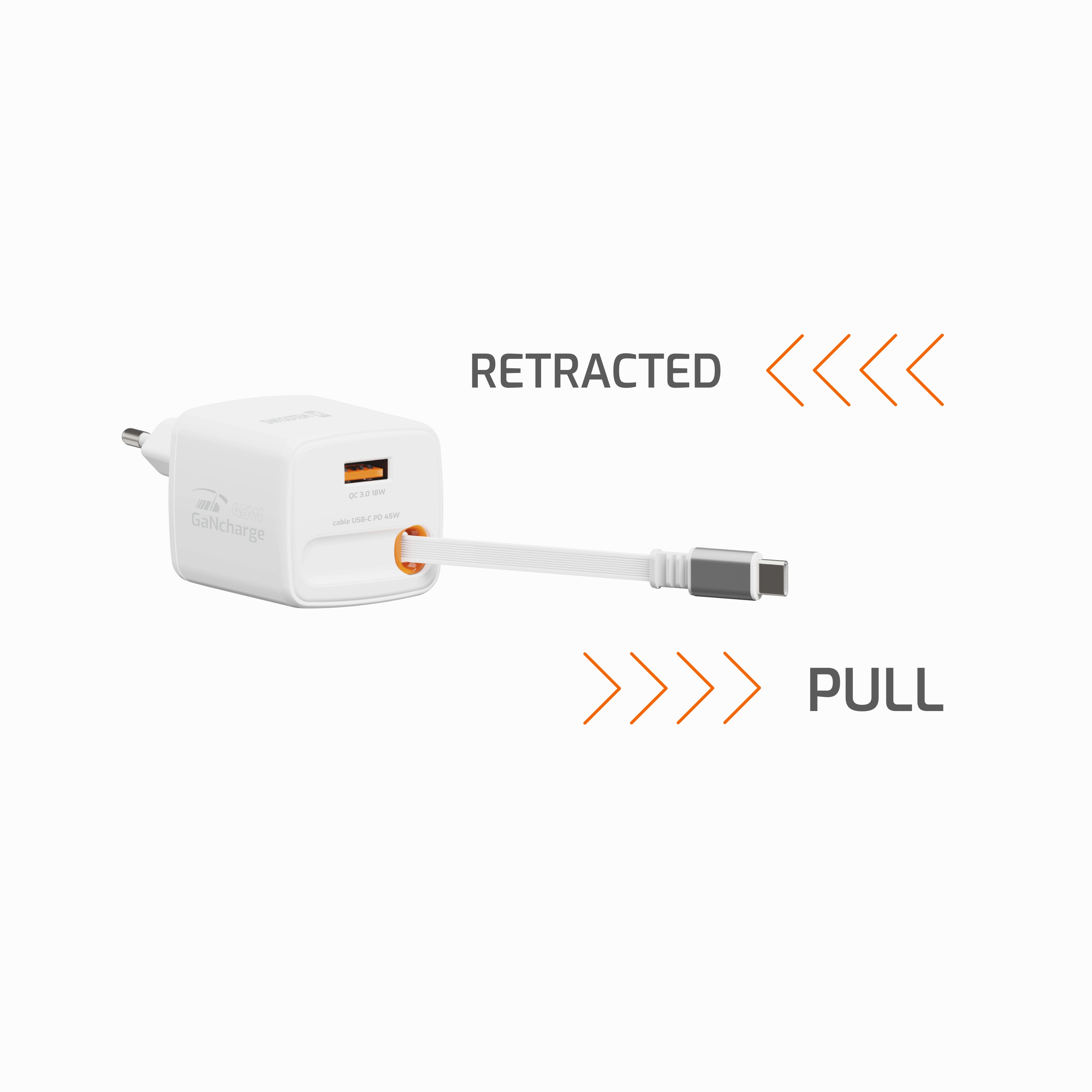 SWISSTEN Síťová nabíječka SlideCharge GaN 45W + USB-A 18W se zatahovacím USB-C kabelem 0,75m bílá