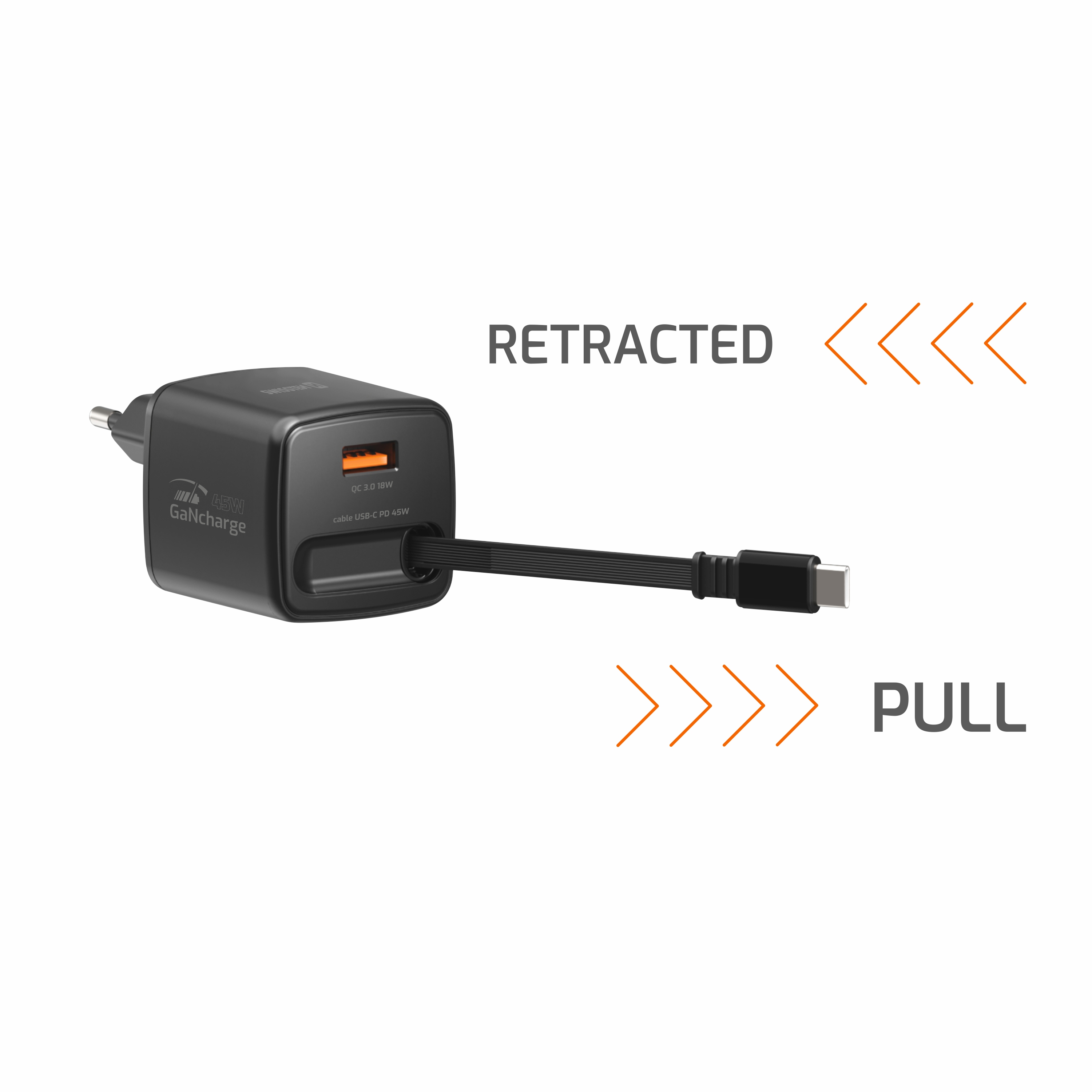 SWISSTEN Síťová nabíječka SlideCharge GaN 45W + USB-A 18W se zatahovacím USB-C kabelem 0,75m černá