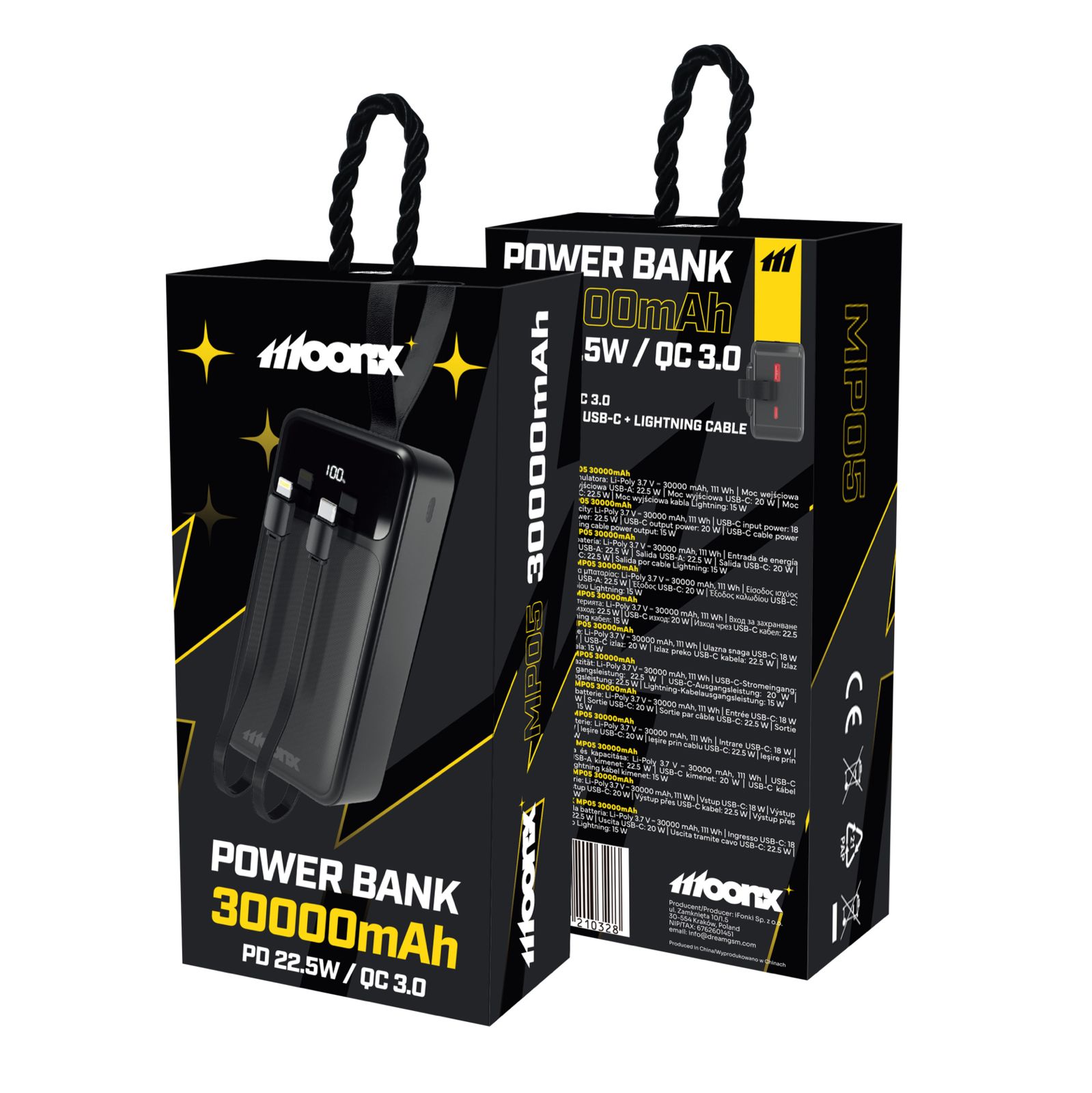 MOONX powerbanka MP05 PD 20W 1xUSB-C + 1xUSB QC3.0 22.5W 30000mAh černá