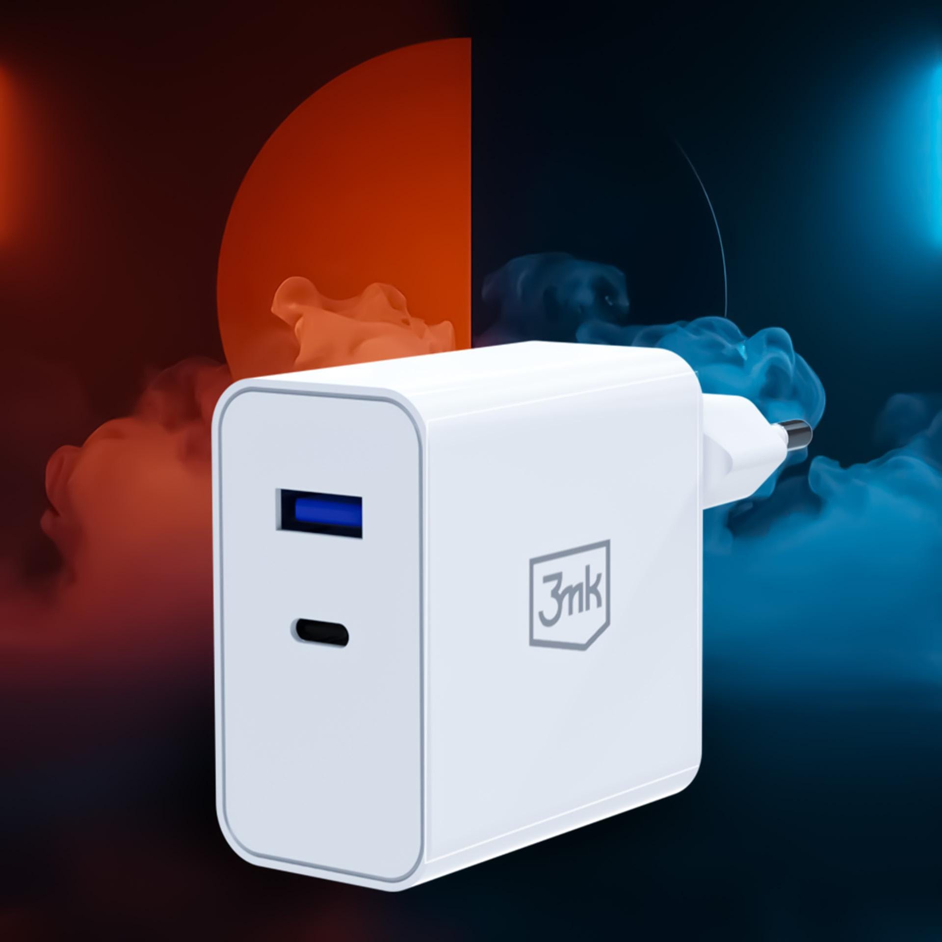 3mk FlowPower 45W – síťová nabíječka GaN 45 W USB-C PD 3.0 + USB-A QC 4.0 bílá