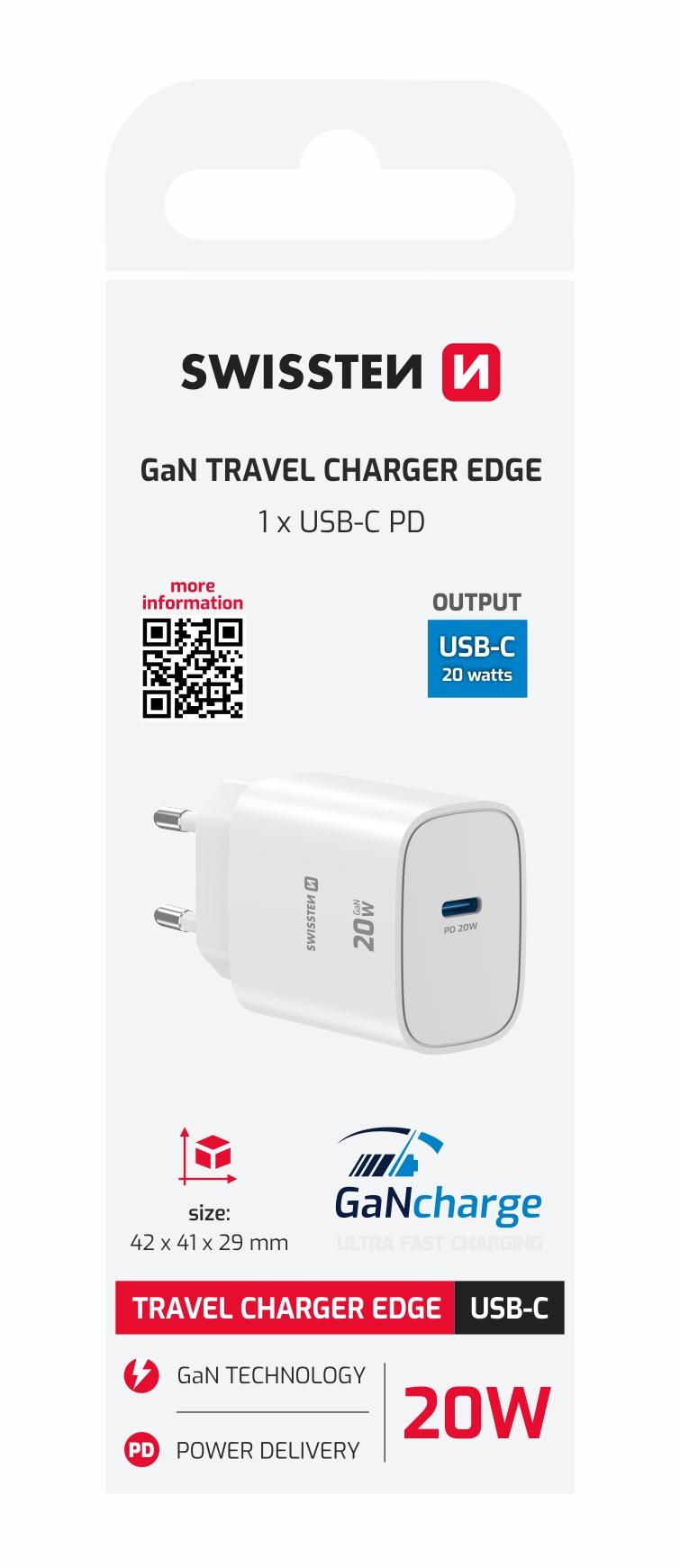 SWISSTEN GaN Síťová nabíječka 20W USB-C PD bílá