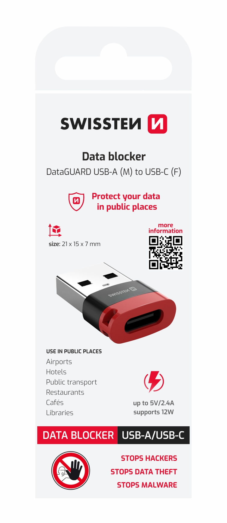 SWISSTEN DataGuard nabíjecí adaptér s blokací dat USB-A (samec) / USB-C (samice) černý