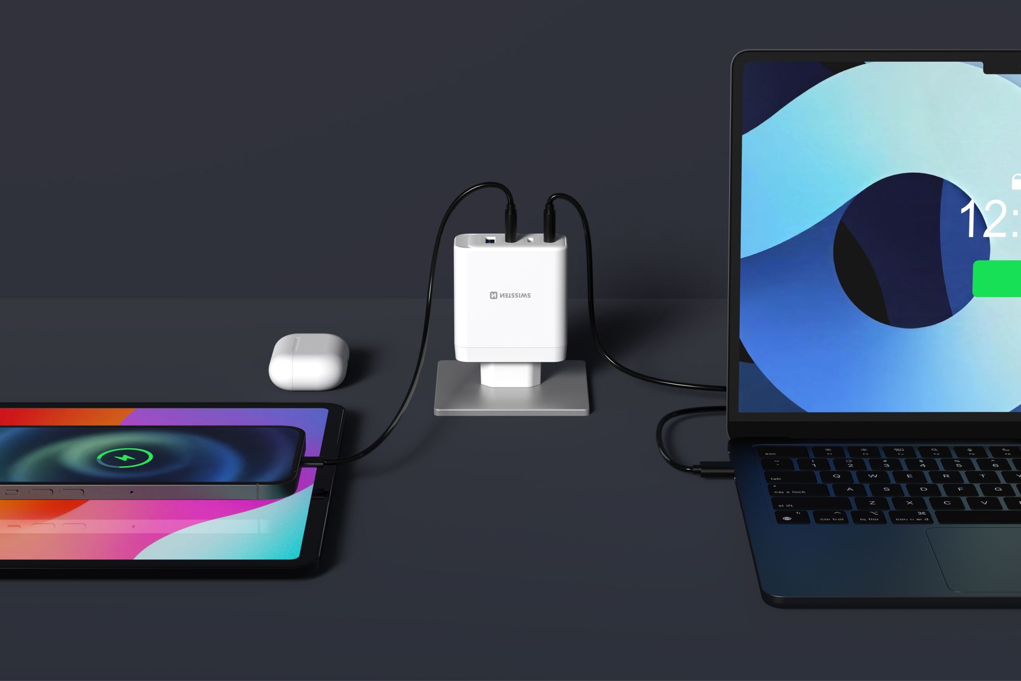 SWISSTEN GaN síťová nabíječka 2× USB-C PD 100W - USB-C PD 30W - USB-A QC 30W bílá i pro notebooky