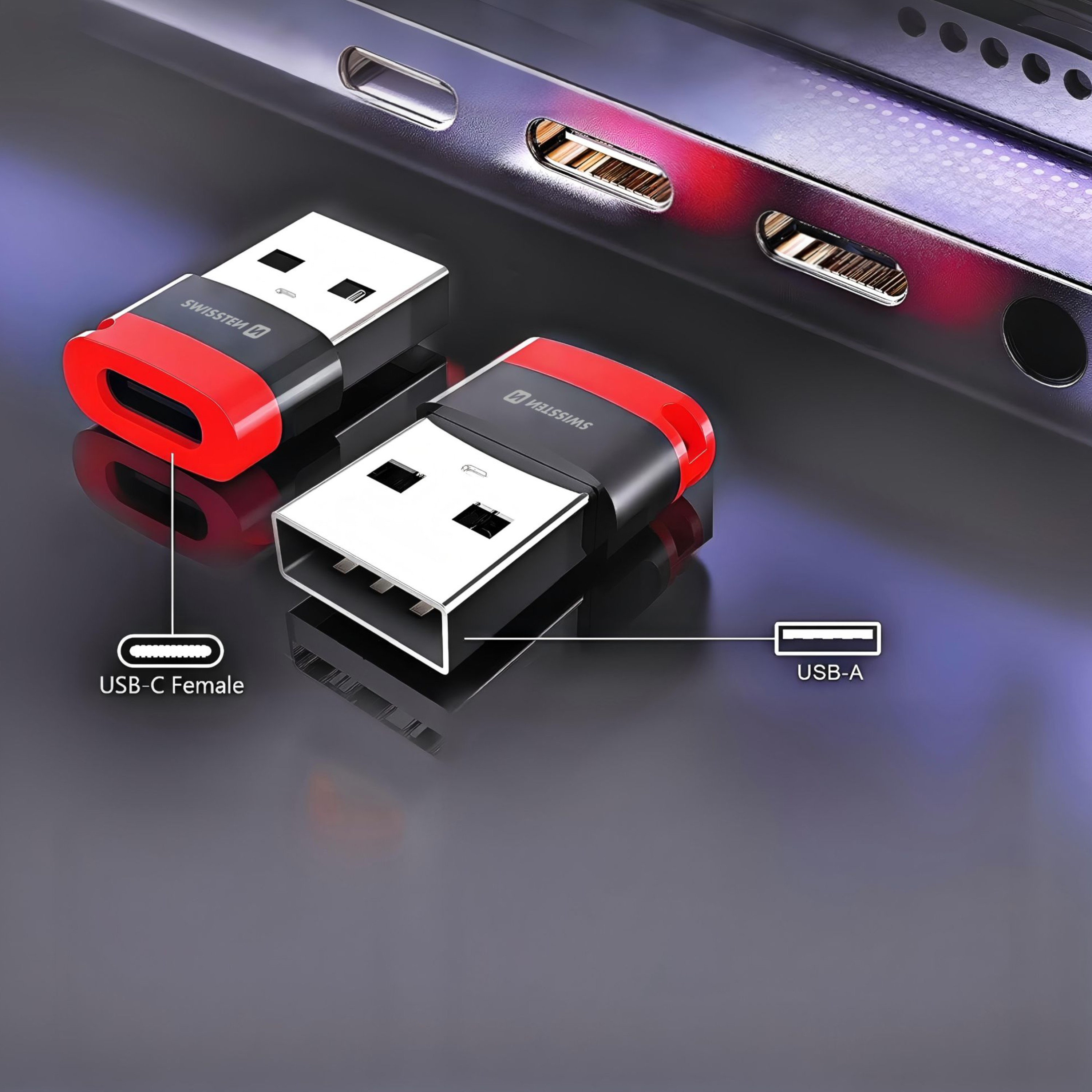 SWISSTEN DataGuard nabíjecí adaptér s blokací dat USB-A (samec) / USB-C (samice) černý