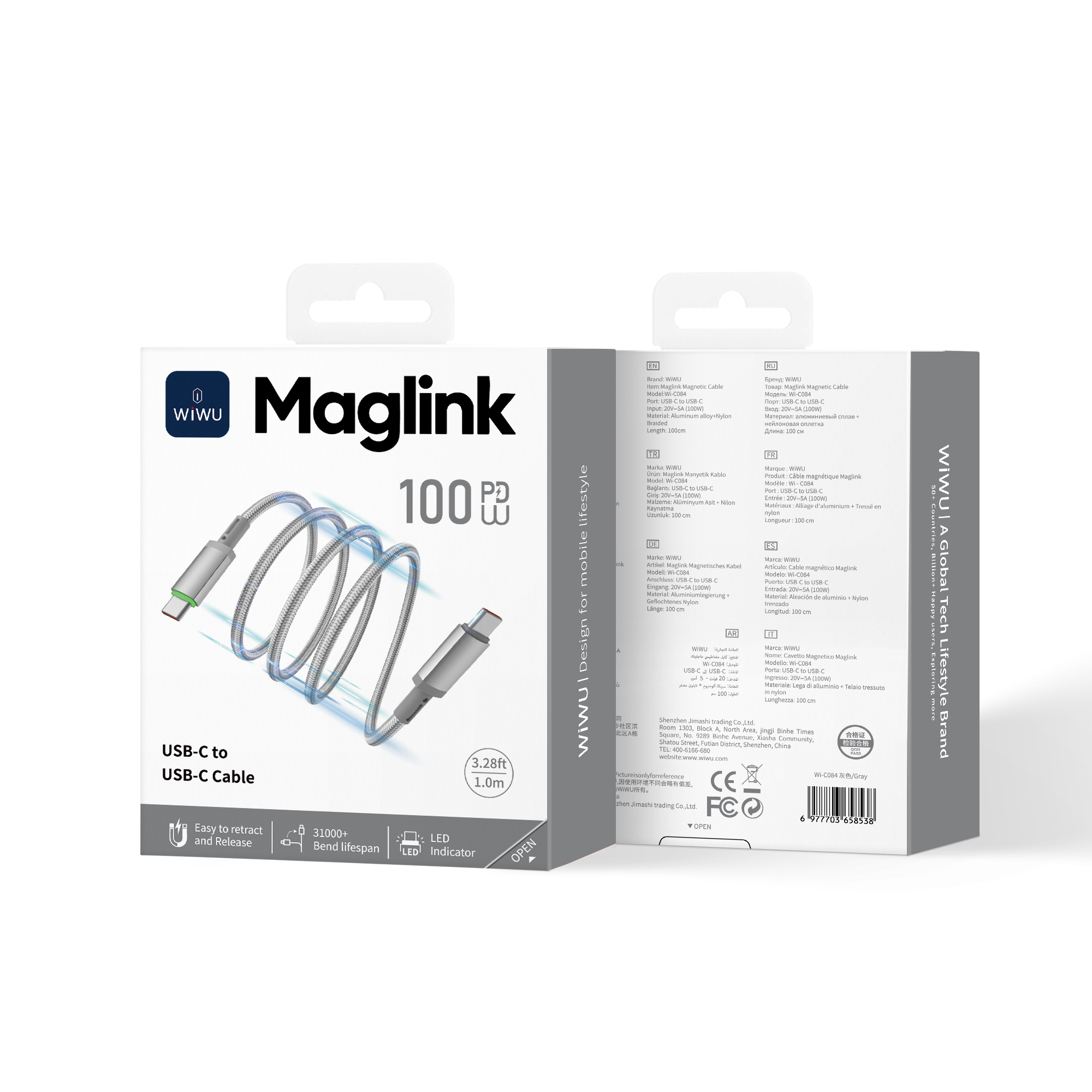 WiWU magnetický kabel USB-C / USB-C Maglink Wi-C084 100W 1m šedý