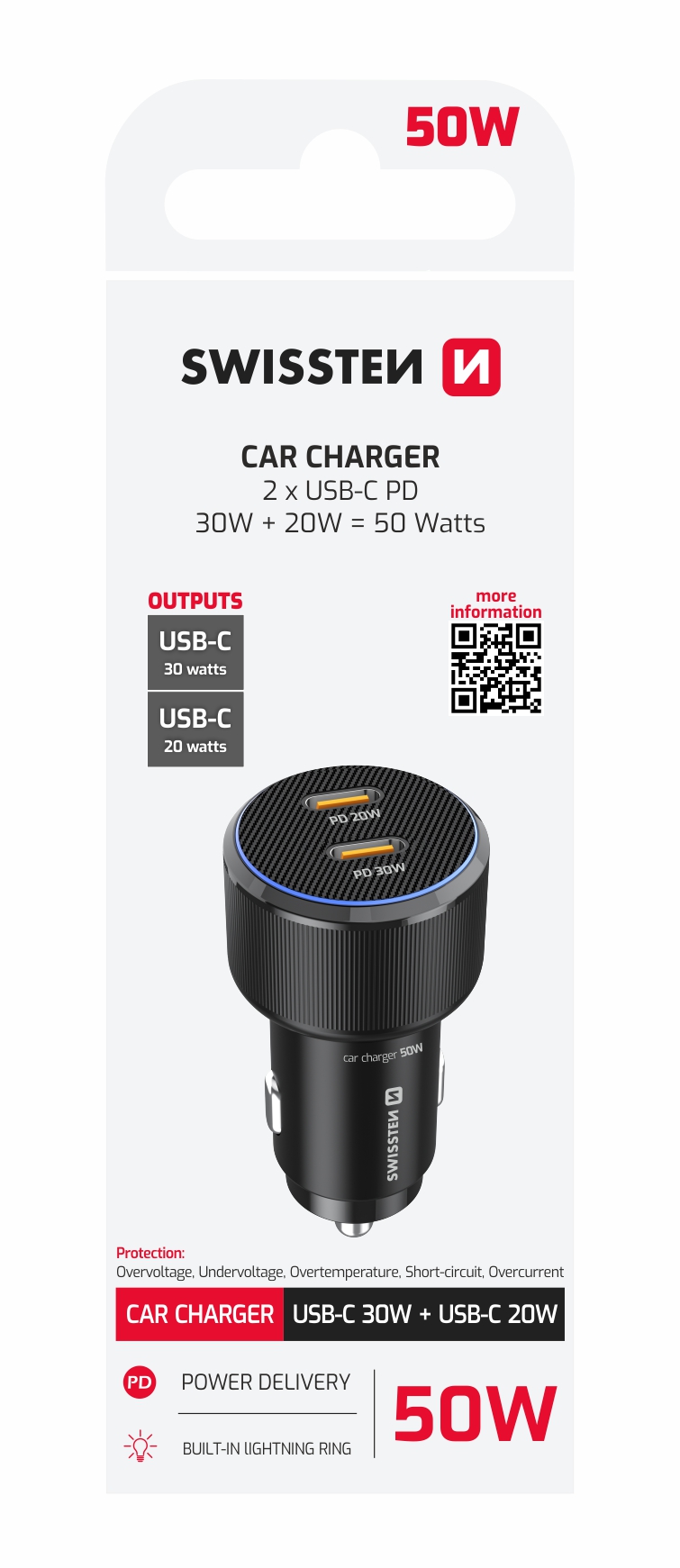 SWISSTEN Autonabíječka 2x USB-C PD 50W černá