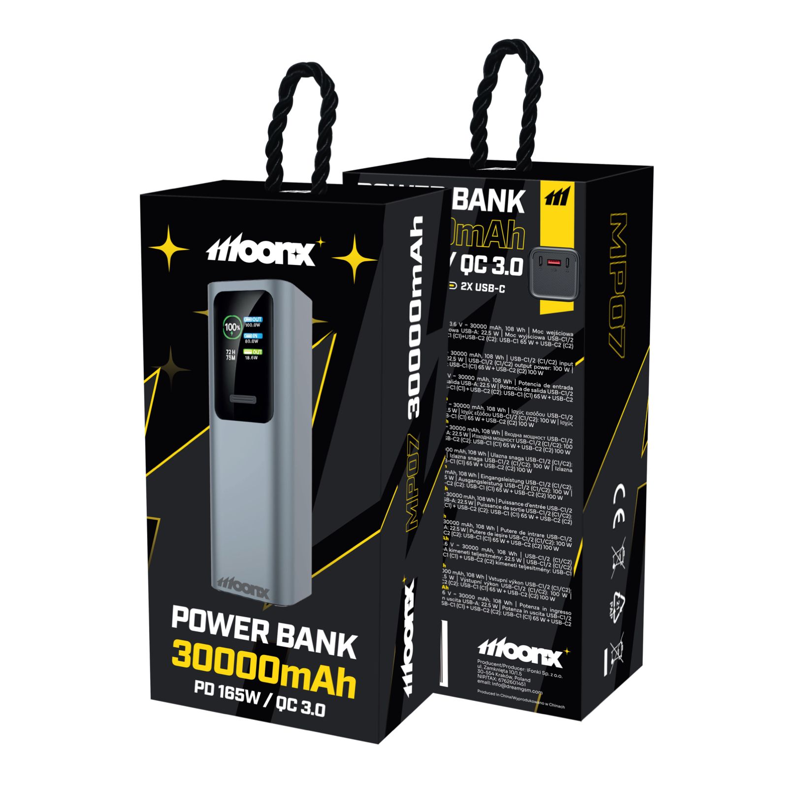 MOONX powerbanka MP07 PD 165W 2xUSB-C + 1xUSB QC3.0 22.5W 30000mAh černá
