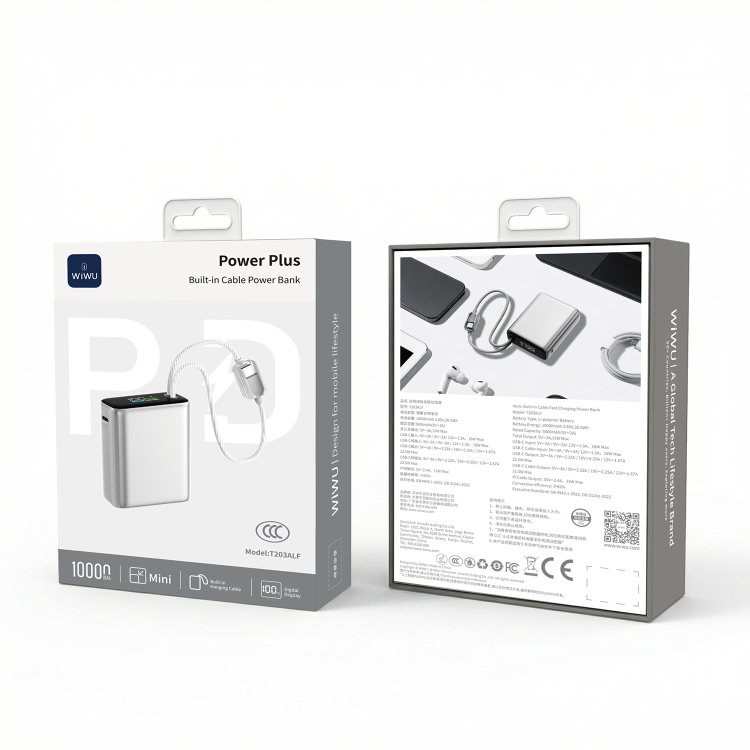 WiWU hliníková powerbanka s integrovanými kabely USB-C a Lightning T203ALF 10000mAh stříbrná