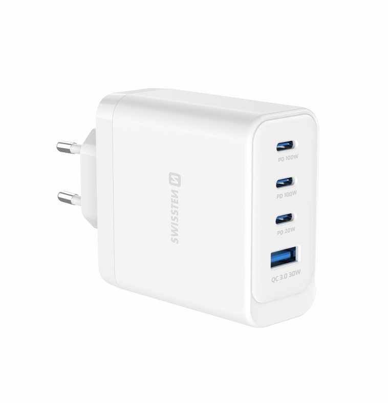SWISSTEN GaN síťová nabíječka 2× USB-C PD 100W - USB-C PD 30W - USB-A QC 30W bílá i pro notebooky