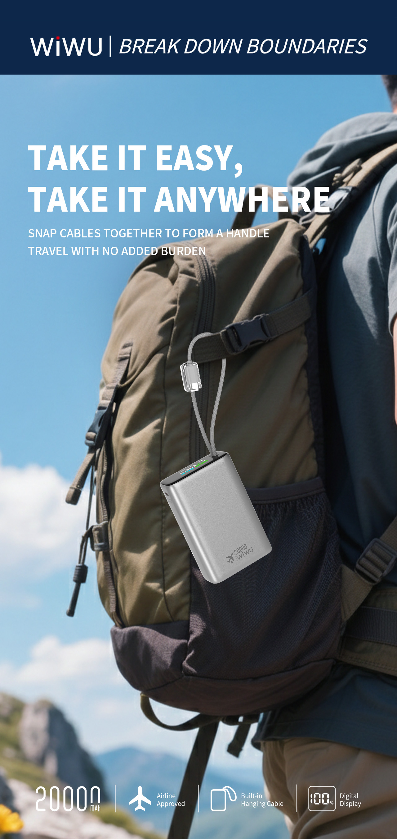 WiWU hliníková powerbanka s integrovanými kabely USB-C a Lightning Wi-P092 20000mAh stříbrná
