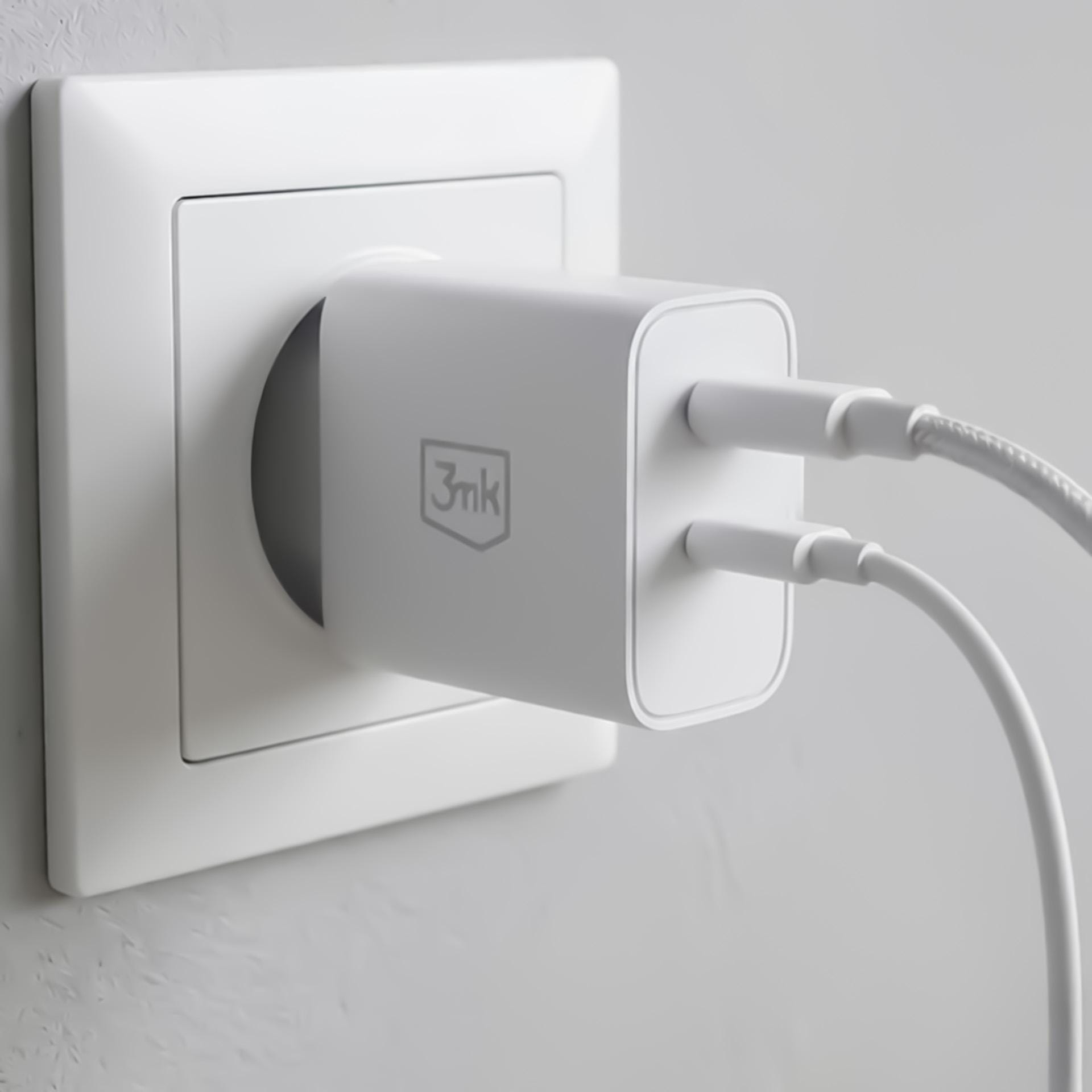 3mk FlowPower 45W – síťová nabíječka GaN 45 W USB-C PD 3.0 + USB-A QC 4.0 bílá