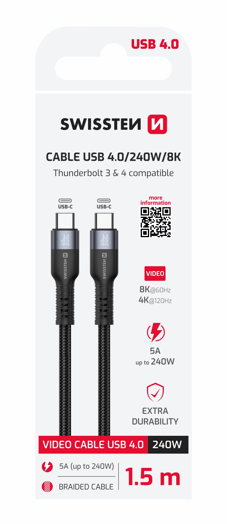 SWISSTEN Datový a video kabel USB 4.0 USB-C - USB-C 240W s podporou 8K@60Hz 40Gb/s TB3 a TB4 1,5m černý