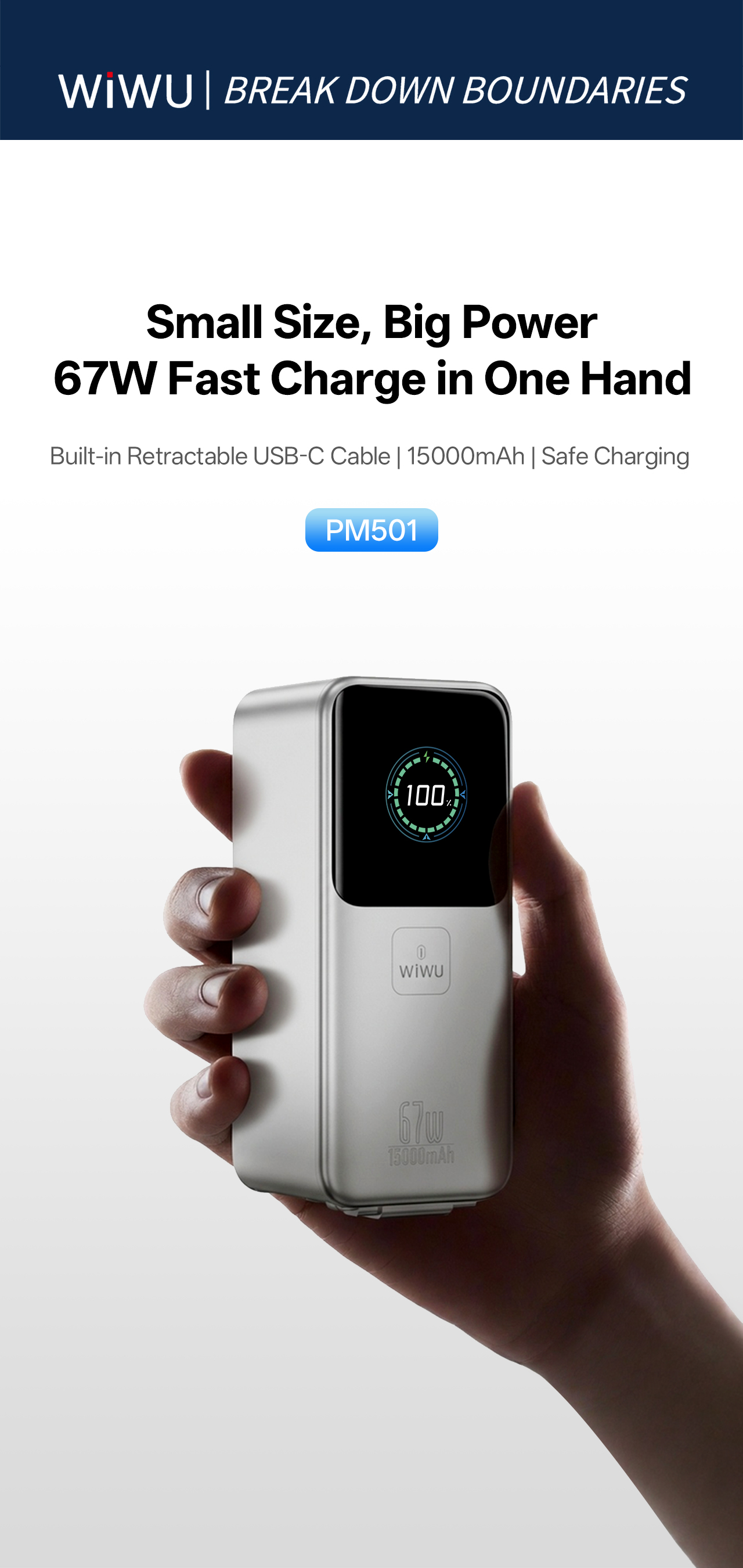WiWU powerbanka 3v1 se síťovou nabíječkou a kabelem Power Mega PM501 15000mAh 67W stříbrná