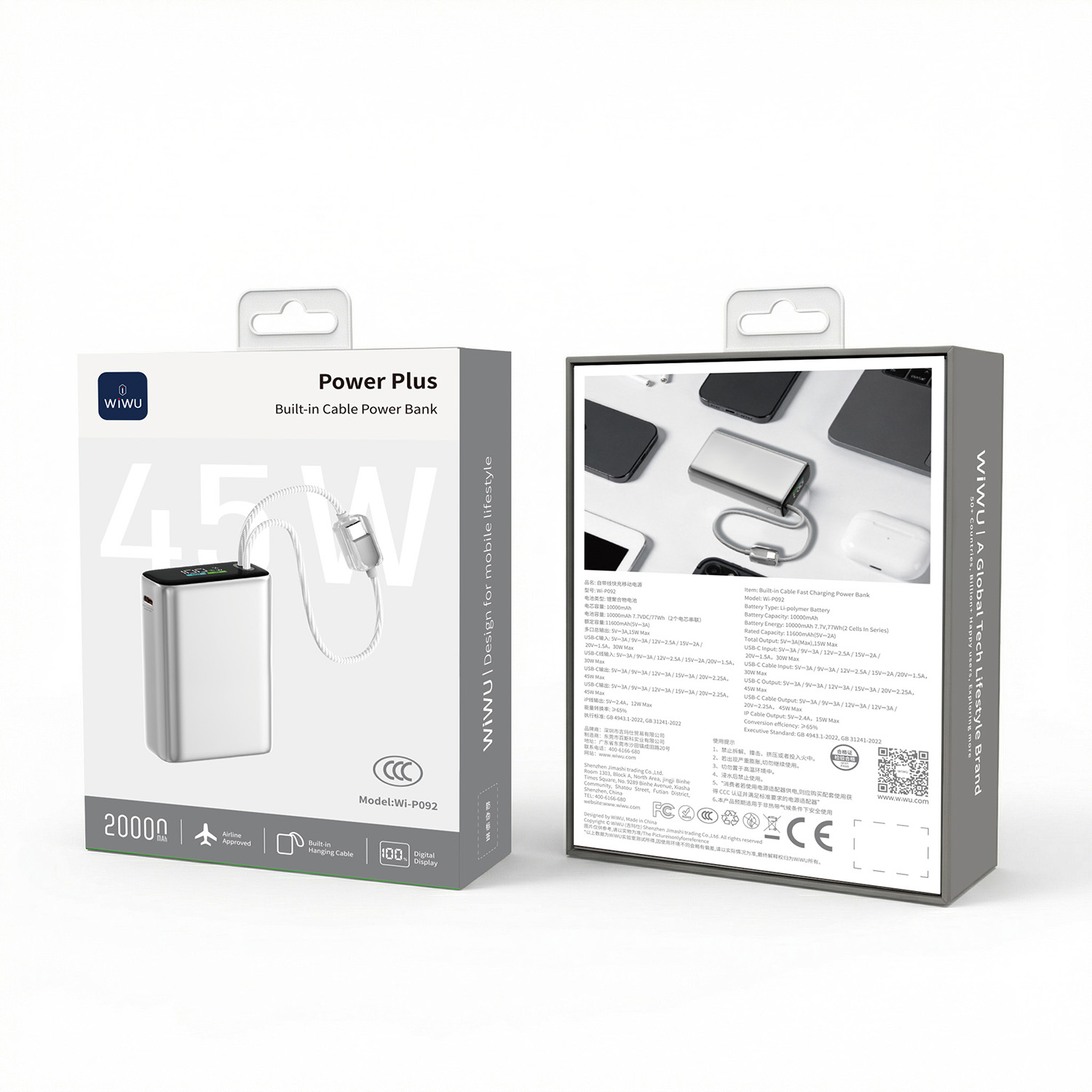 WiWU hliníková powerbanka s integrovanými kabely USB-C a Lightning Wi-P092 20000mAh stříbrná