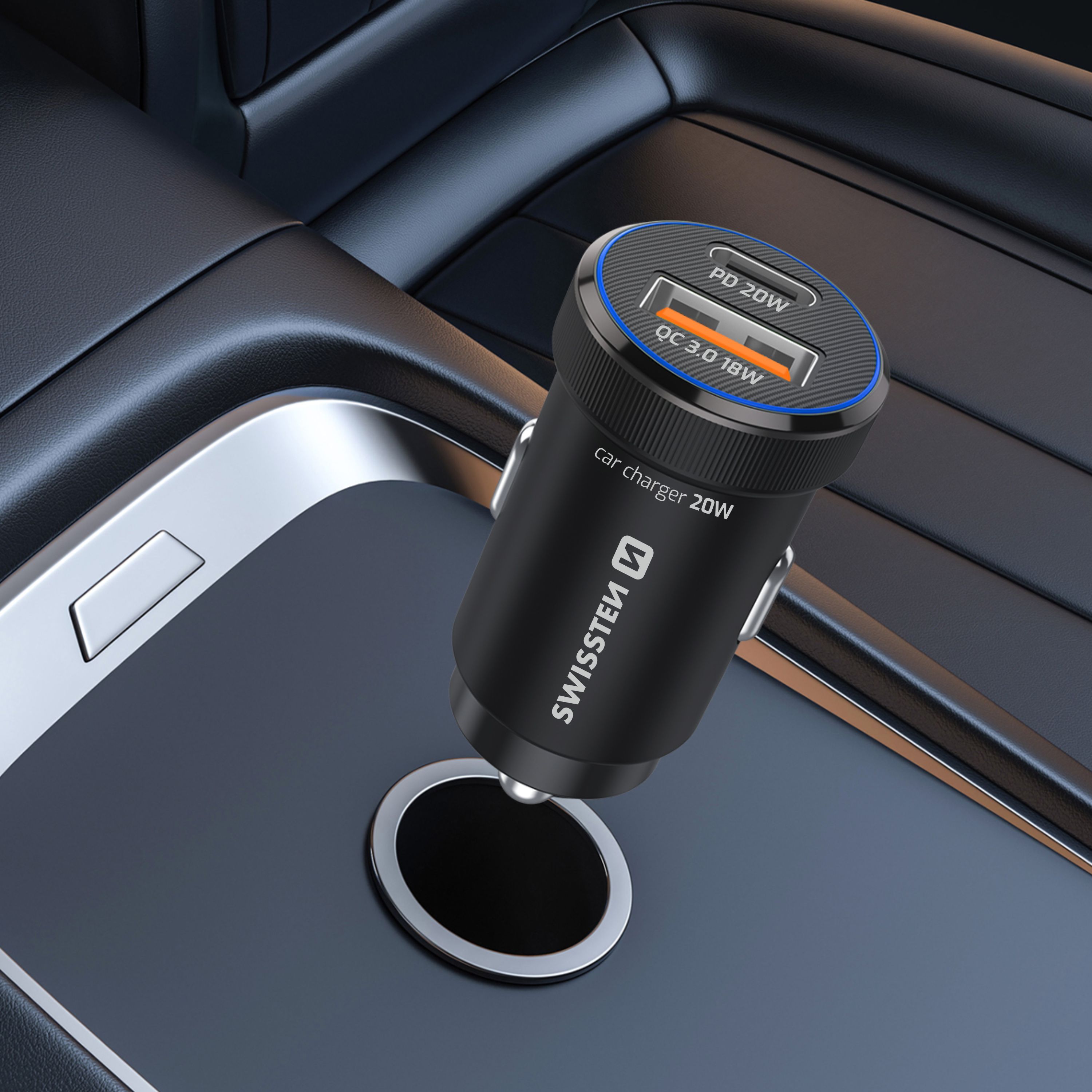 SWISSTEN Autonabíječka USB-C PD + USB-A 20W černá
