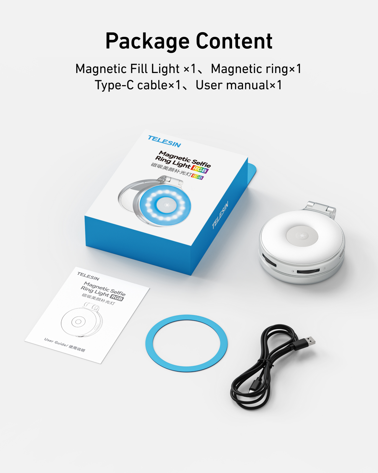 Telesin P5-BGD-18 - magnetická RGB LED lampa s MagSafe s teleskopickým držákem a zrcátkem stříbrná