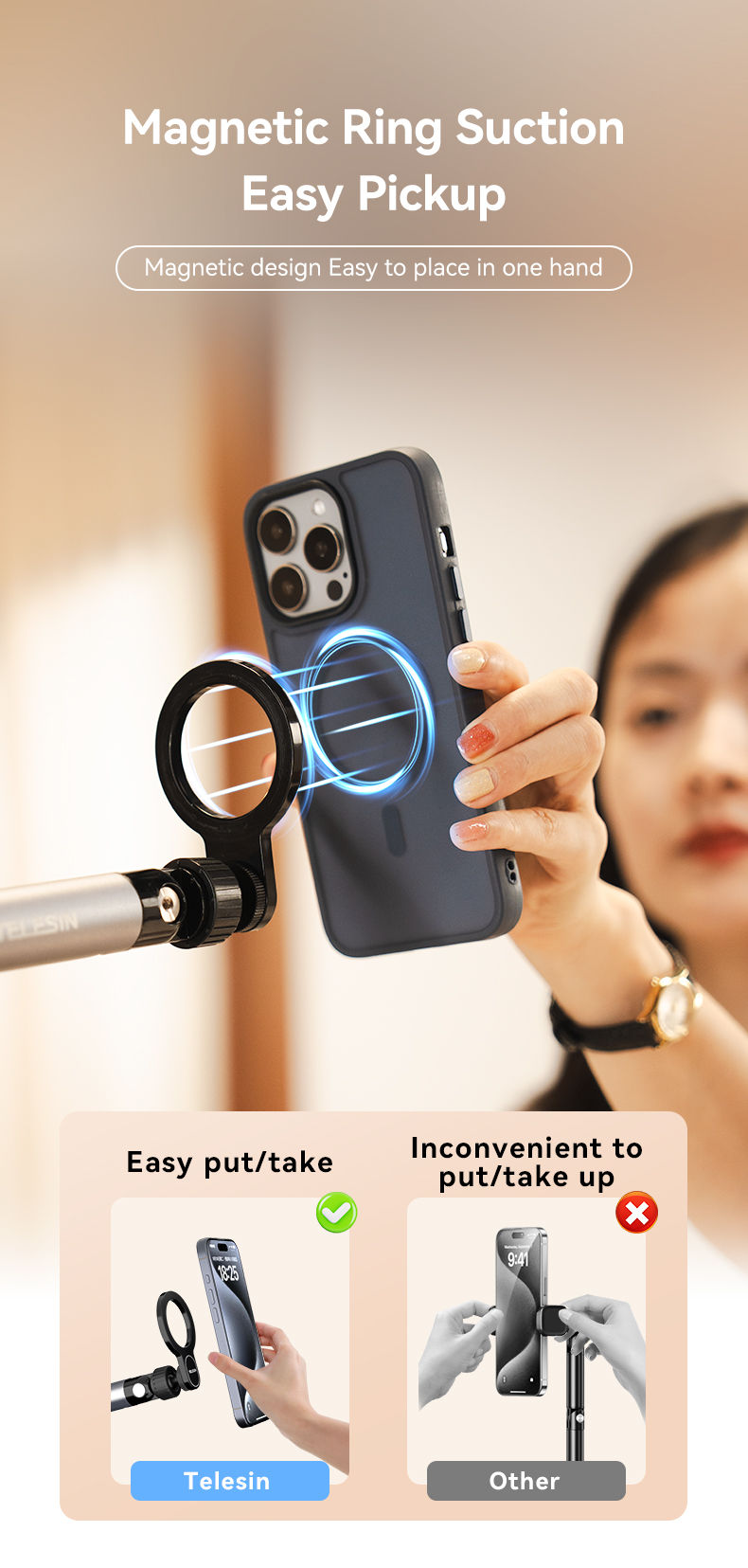 Telesin P3-DS-01 - hliníkový stojan na telefon s MagSafe 360° černý