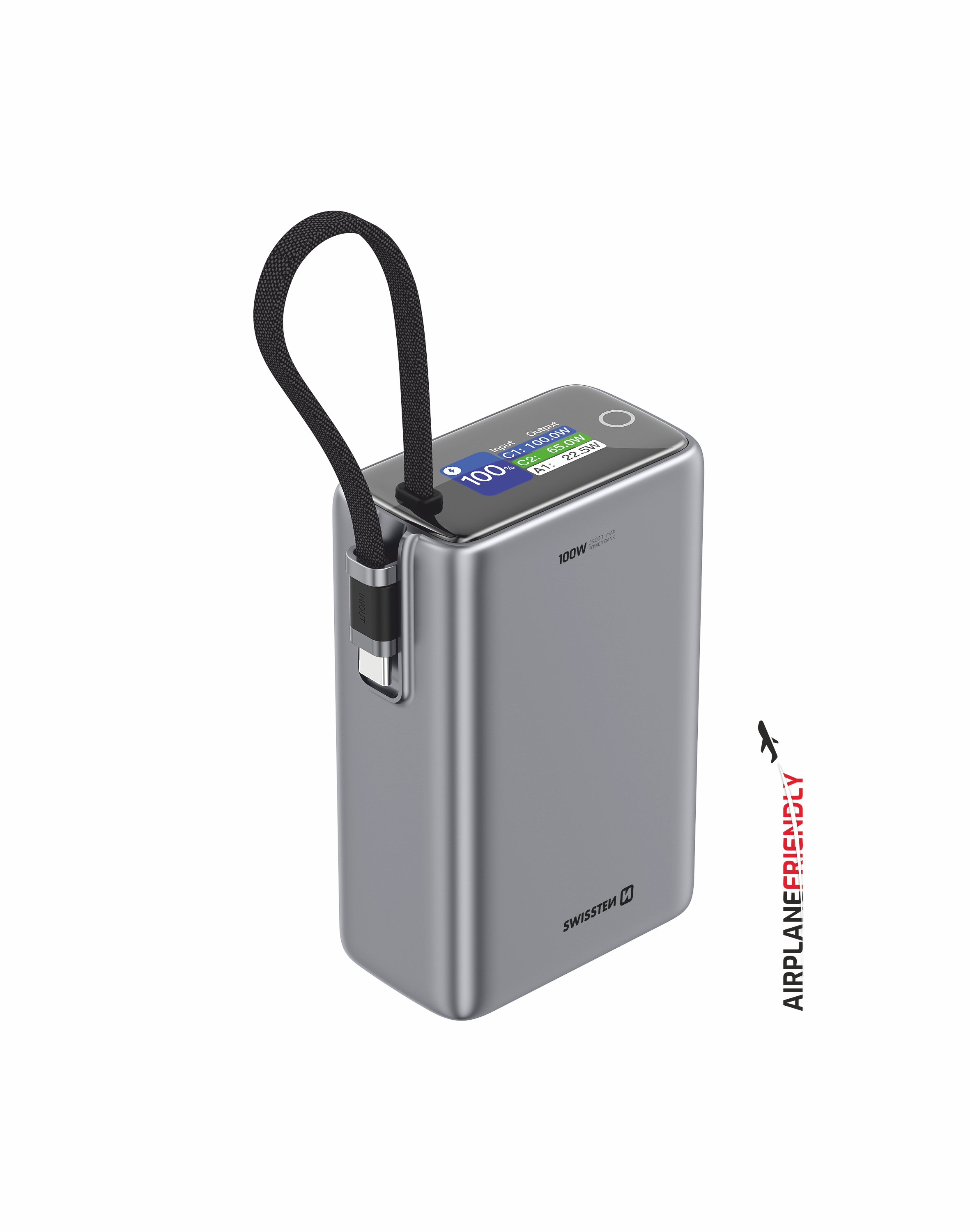 SWISSTEN Cestovní Power Bank 25000mAh 96,25Wh 100W s vestavěným USB-C kabelem šedý
