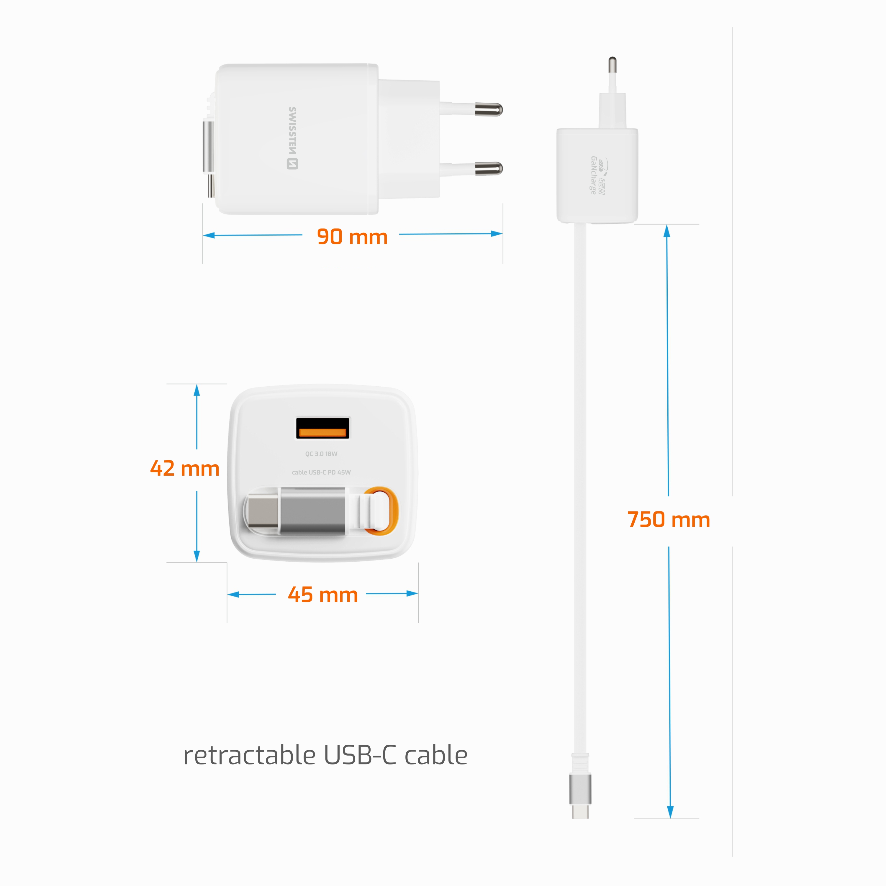SWISSTEN Síťová nabíječka SlideCharge GaN 45W + USB-A 18W se zatahovacím USB-C kabelem 0,75m bílá