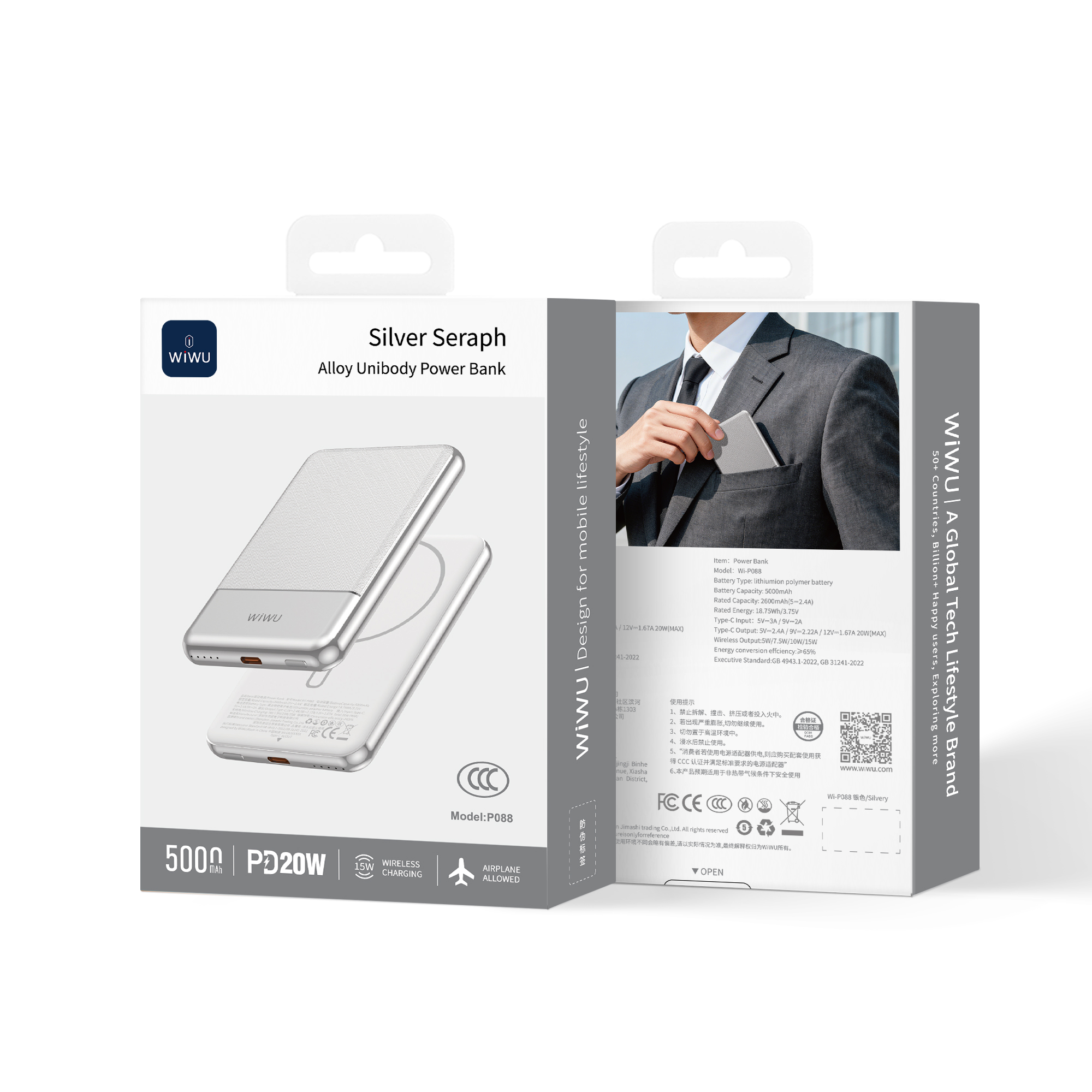 WiWU kovová hliníková magnetická powerbanka MagSafe Seraph Alloy Wi-P088 5000mAh 20W stříbrná