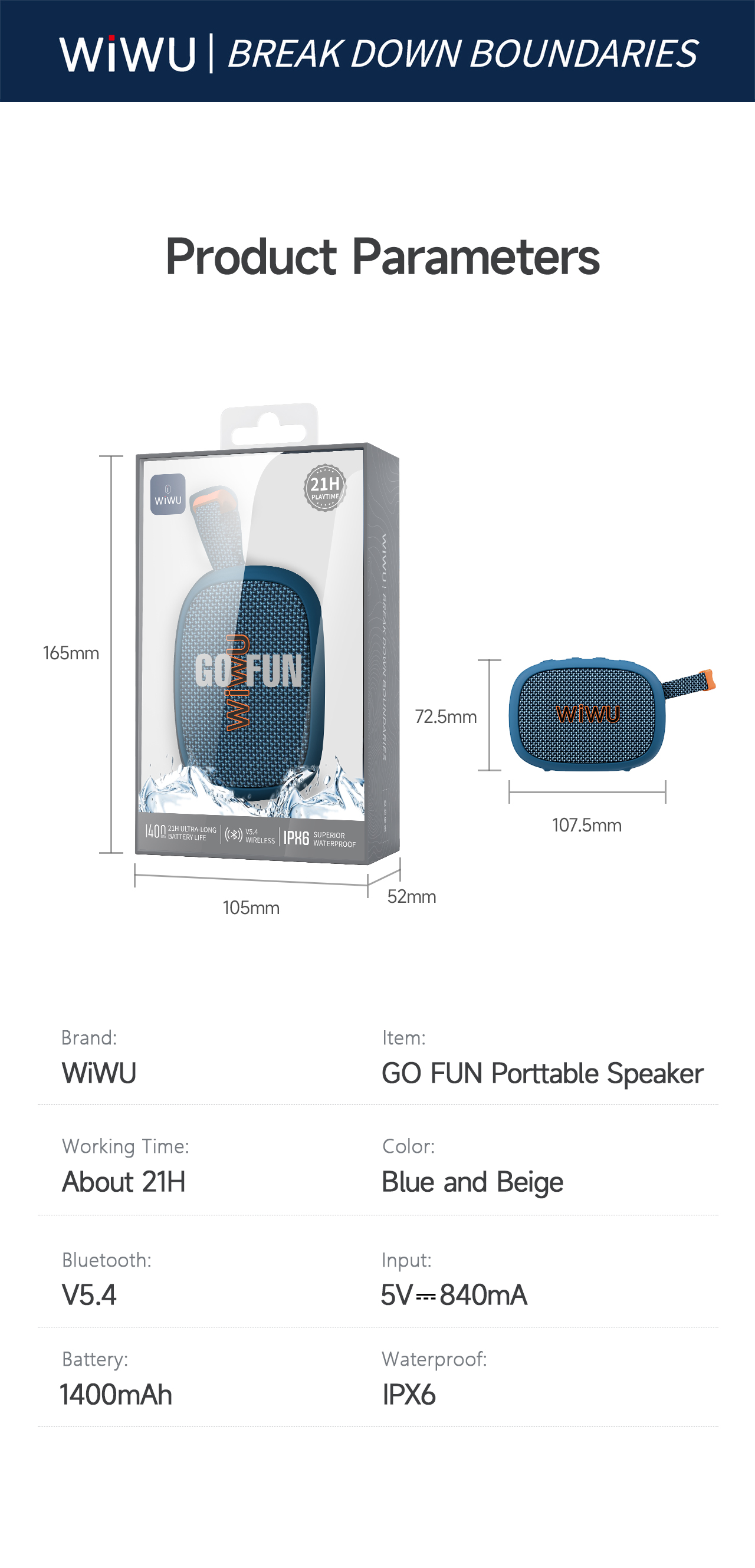 WiWU bezdrátový přenosný reproduktor Bluetooth GO Fun H1 modrý