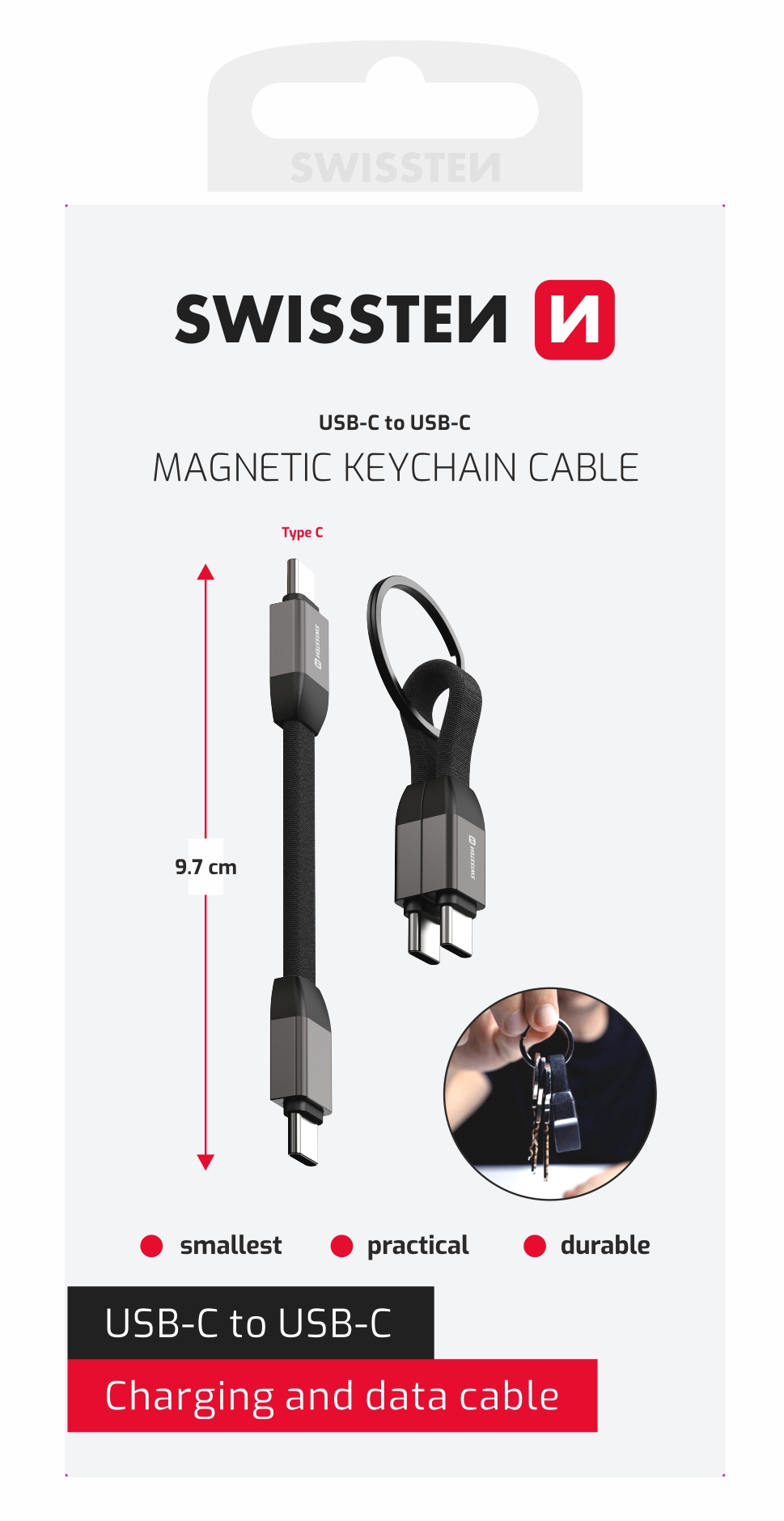 SWISSTEN magnetický USB-C / USB-C kabel na klíče 9,7 cm černý