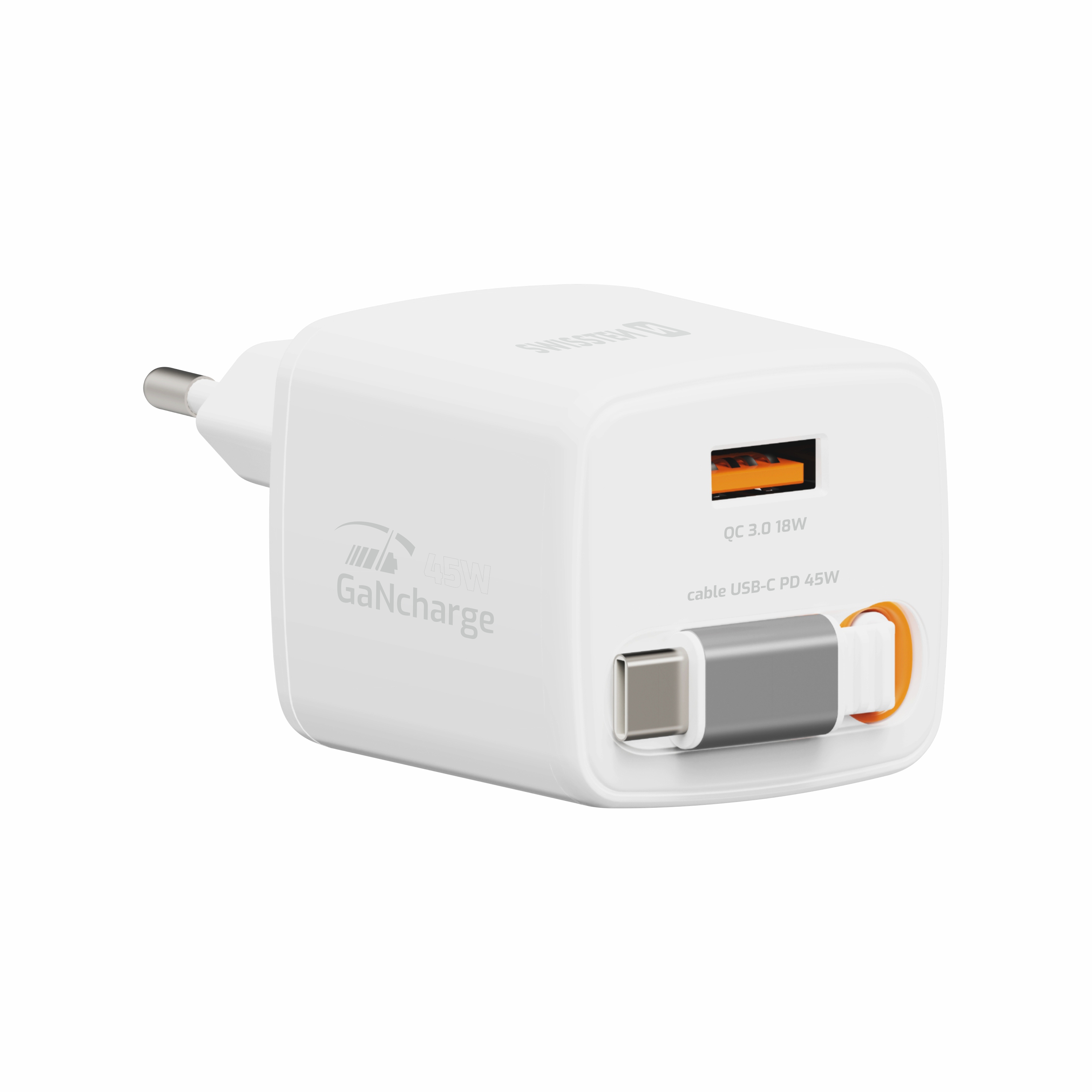 SWISSTEN Síťová nabíječka SlideCharge GaN 45W + USB-A 18W se zatahovacím USB-C kabelem 0,75m bílá