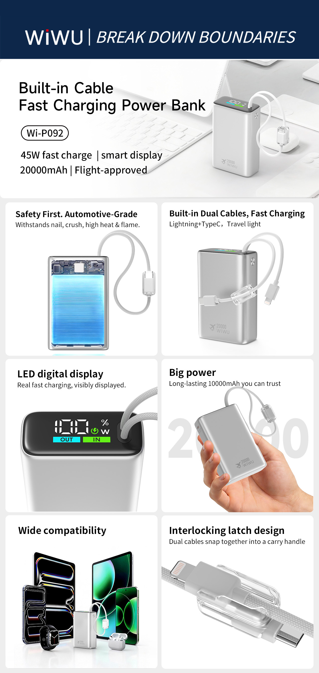 WiWU hliníková powerbanka s integrovanými kabely USB-C a Lightning Wi-P092 20000mAh stříbrná