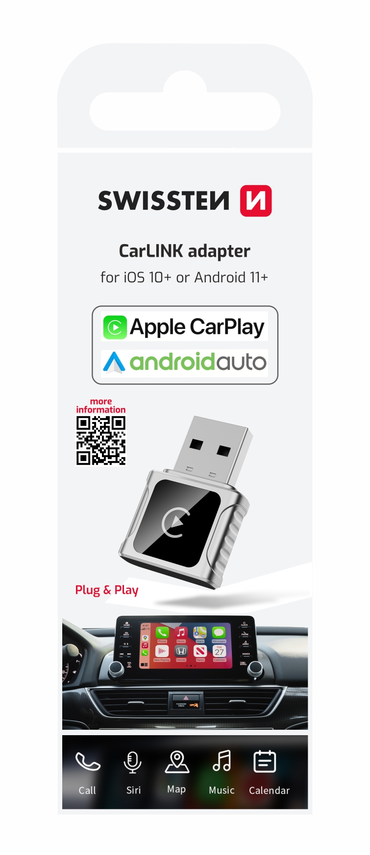 SWISSTEN Adaptér CarLink pro Apple CarPlay a Android Auto (+ adaptér USB-A / USB-C)