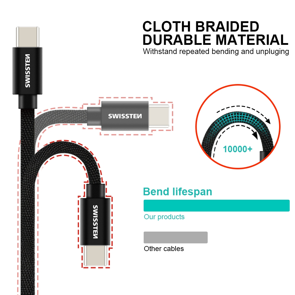 SWISSTEN Textilní datový kabel USB-C / USB-C 3m stříbrný