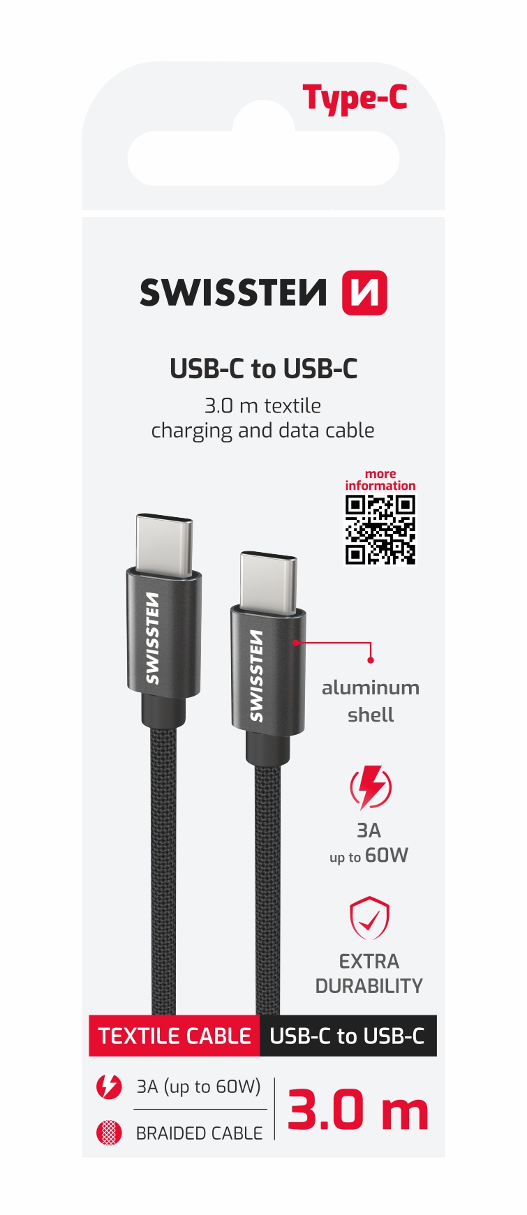SWISSTEN Textilní datový kabel USB-C / USB-C 3m černý
