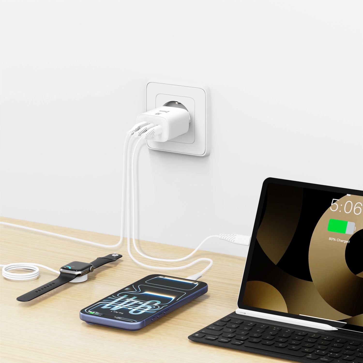 SWISSTEN GaN Síťová nabíječka 2x USB-C 65W PD + USB-A 18W bílá