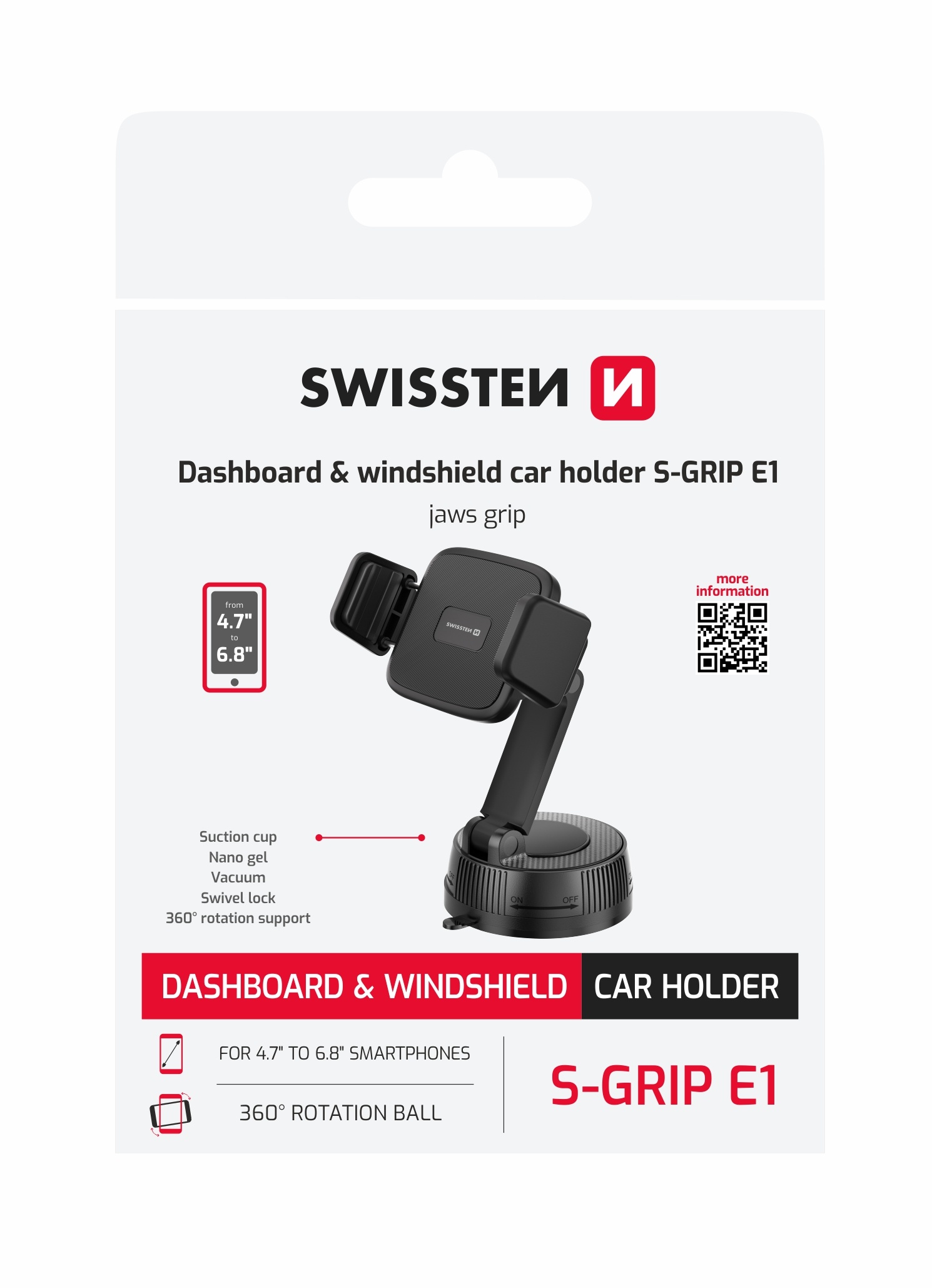 Swissten S-Grip E1 Držák do auta s čelisťovým přichycením na palubní desku a sklo