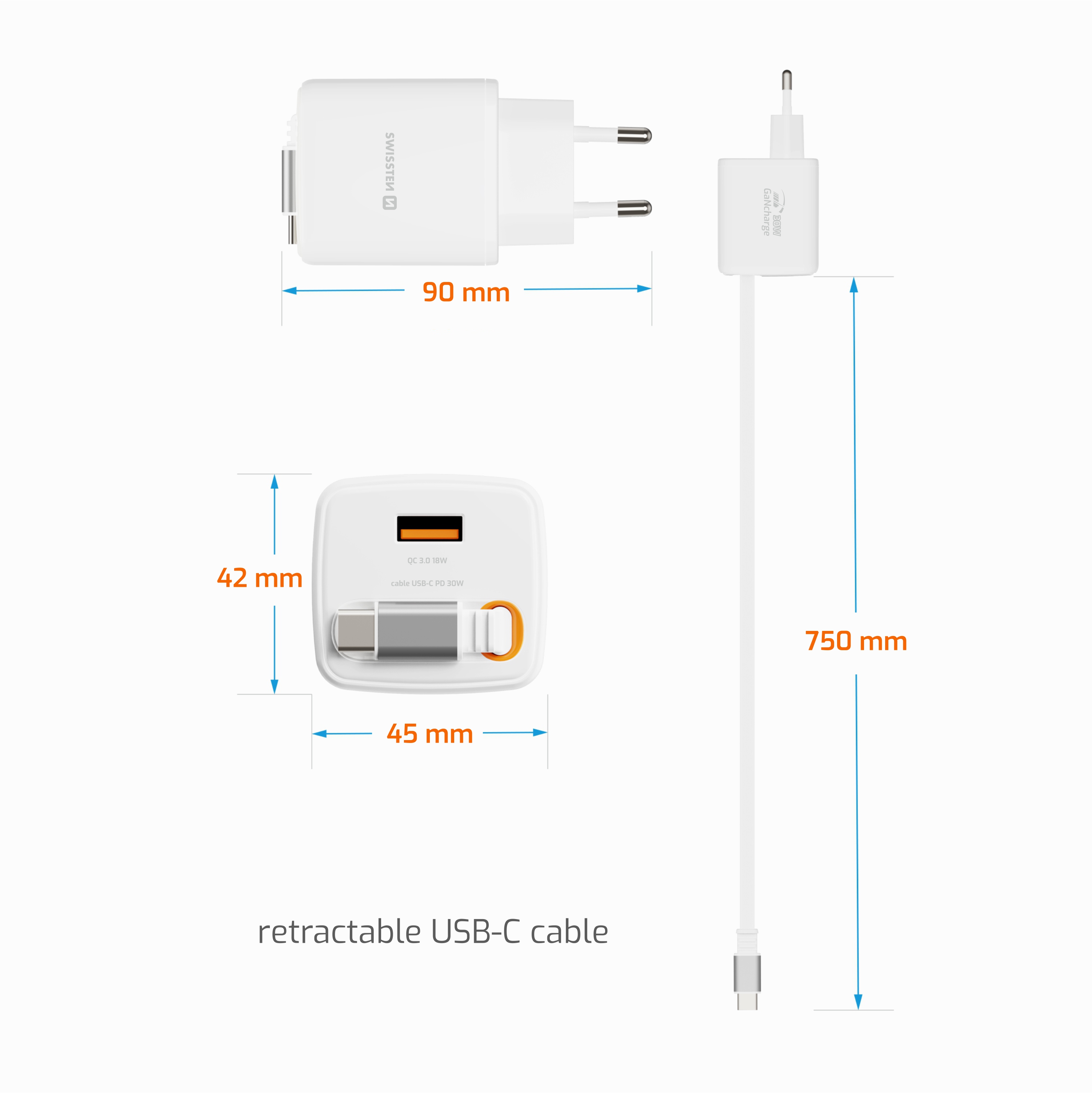SWISSTEN Síťová nabíječka SlideCharge GaN 30W + USB-A 18W se zatahovacím USB-C kabelem 0,75m bílá