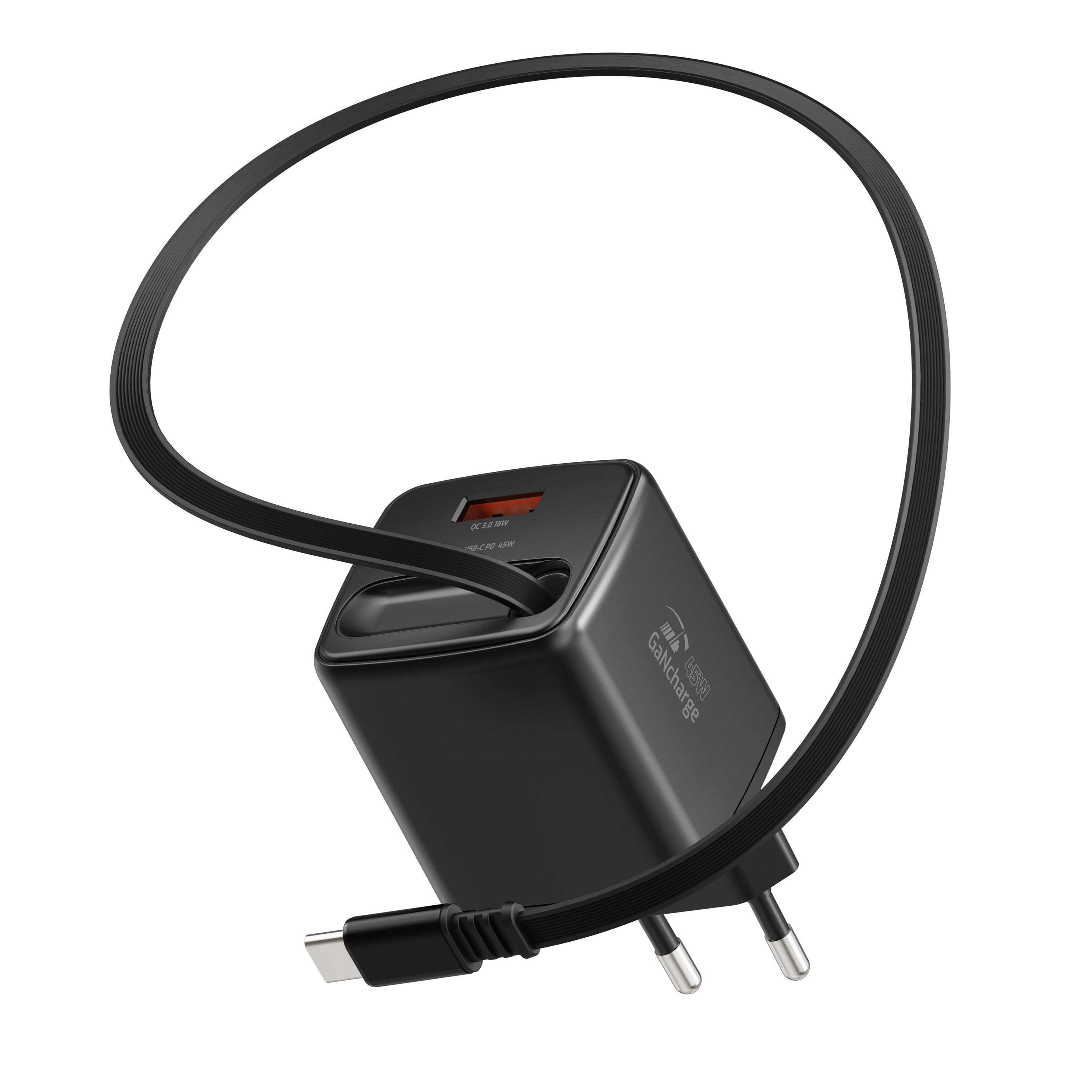 SWISSTEN Síťová nabíječka SlideCharge GaN 45W + USB-A 18W se zatahovacím USB-C kabelem 0,75m černá
