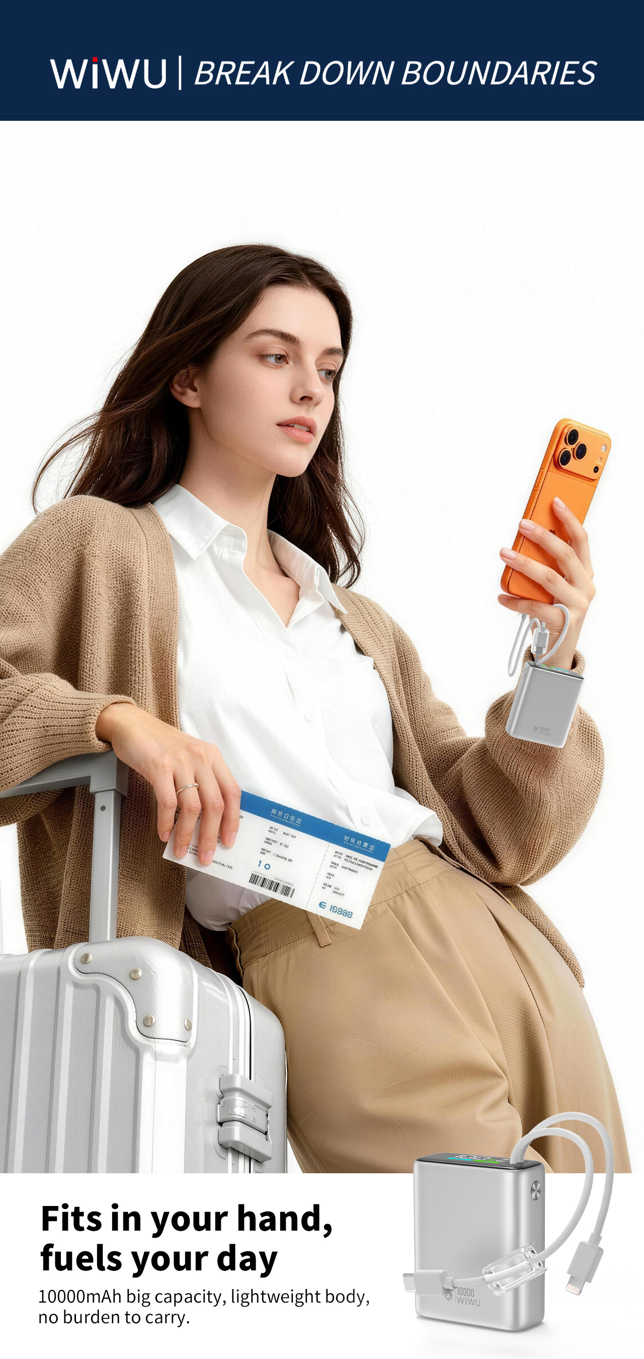 WiWU hliníková powerbanka s integrovanými kabely USB-C a Lightning T203ALF 10000mAh stříbrná