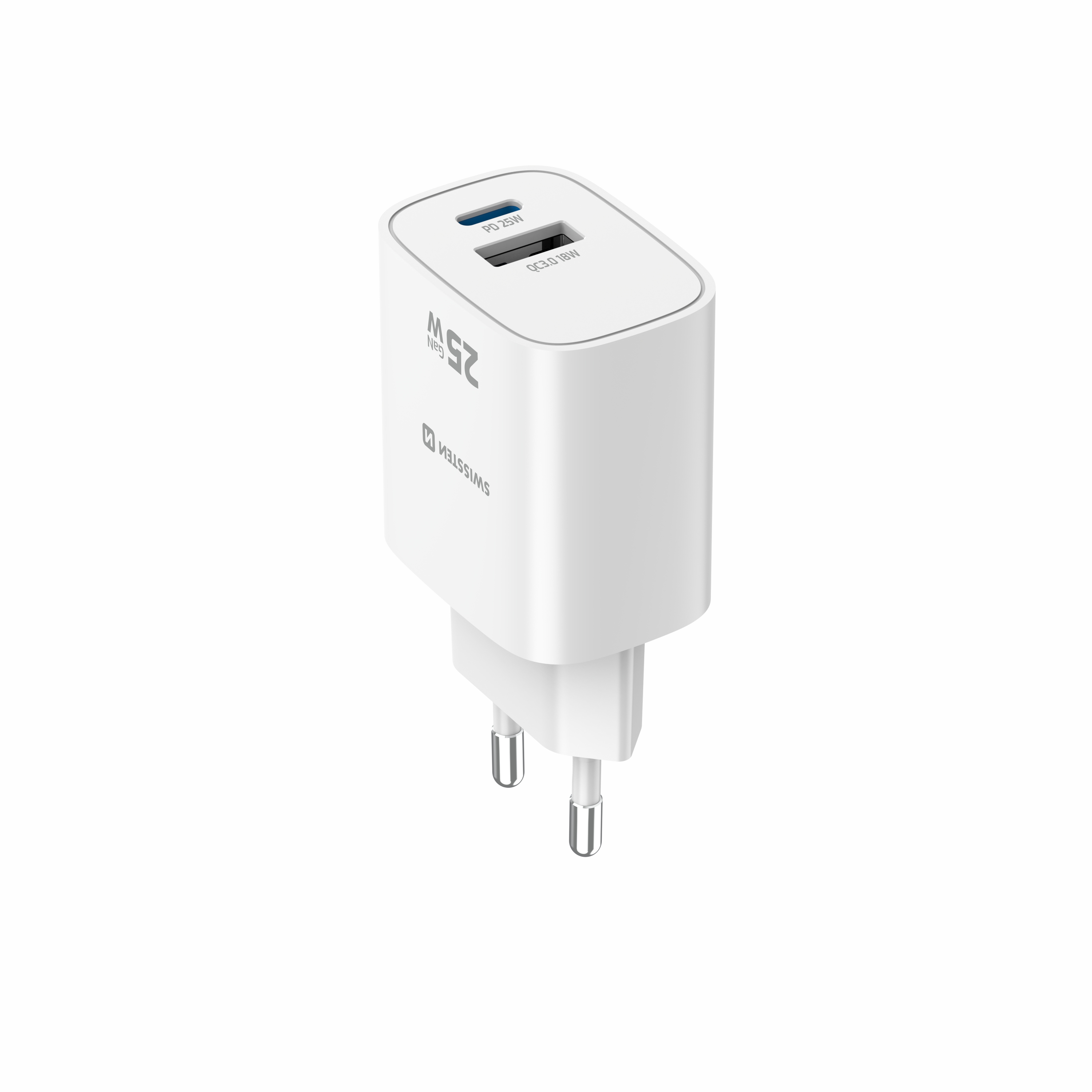 SWISSTEN GaN Síťová nabíječka USB-C 25W PD + USB-A 18W bílá