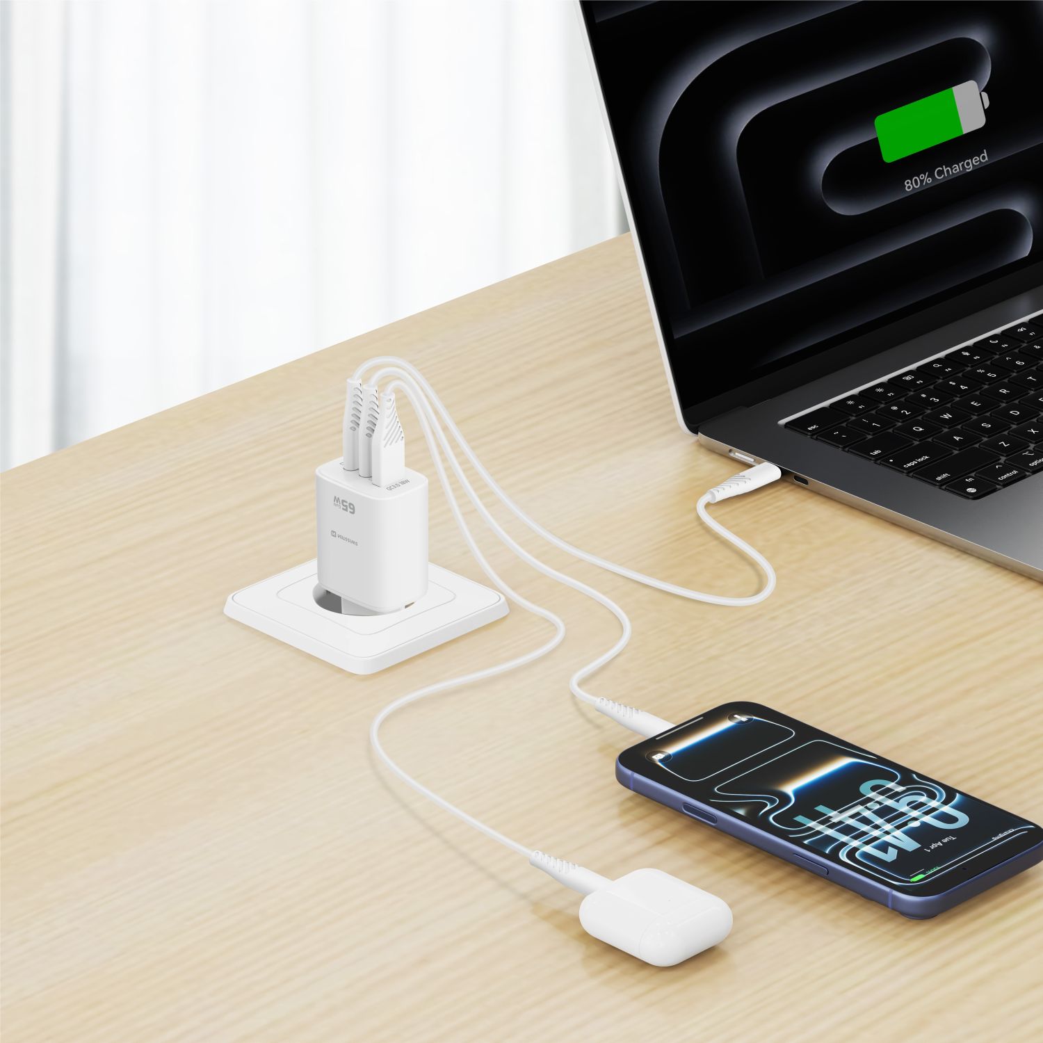 SWISSTEN GaN Síťová nabíječka 2x USB-C 65W PD + USB-A 18W bílá