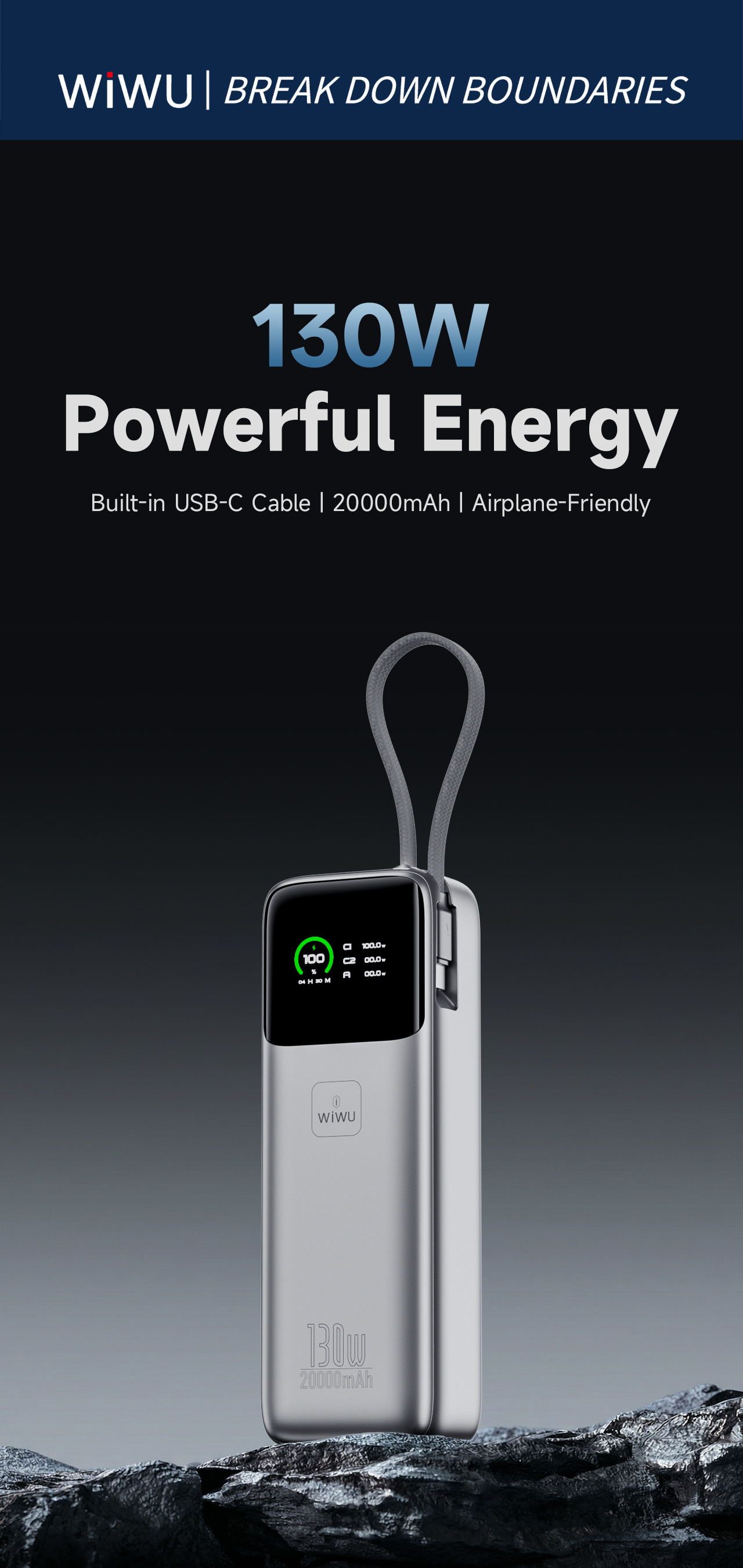 WiWU rychlá powerbanka pro notebooky Power Mega PM301 20000mAh 130W s displejem stříbrná