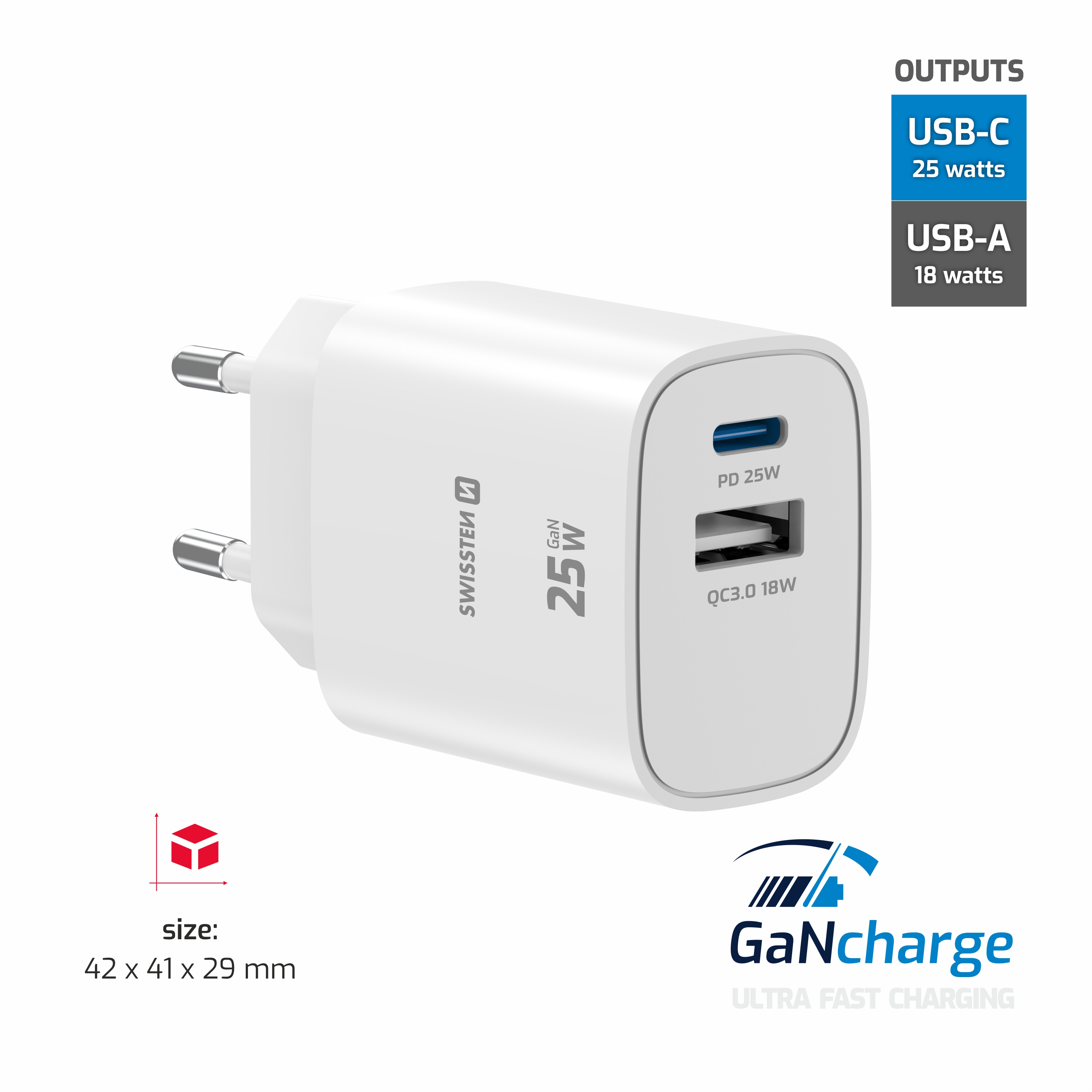 SWISSTEN GaN Síťová nabíječka USB-C 25W PD + USB-A 18W bílá